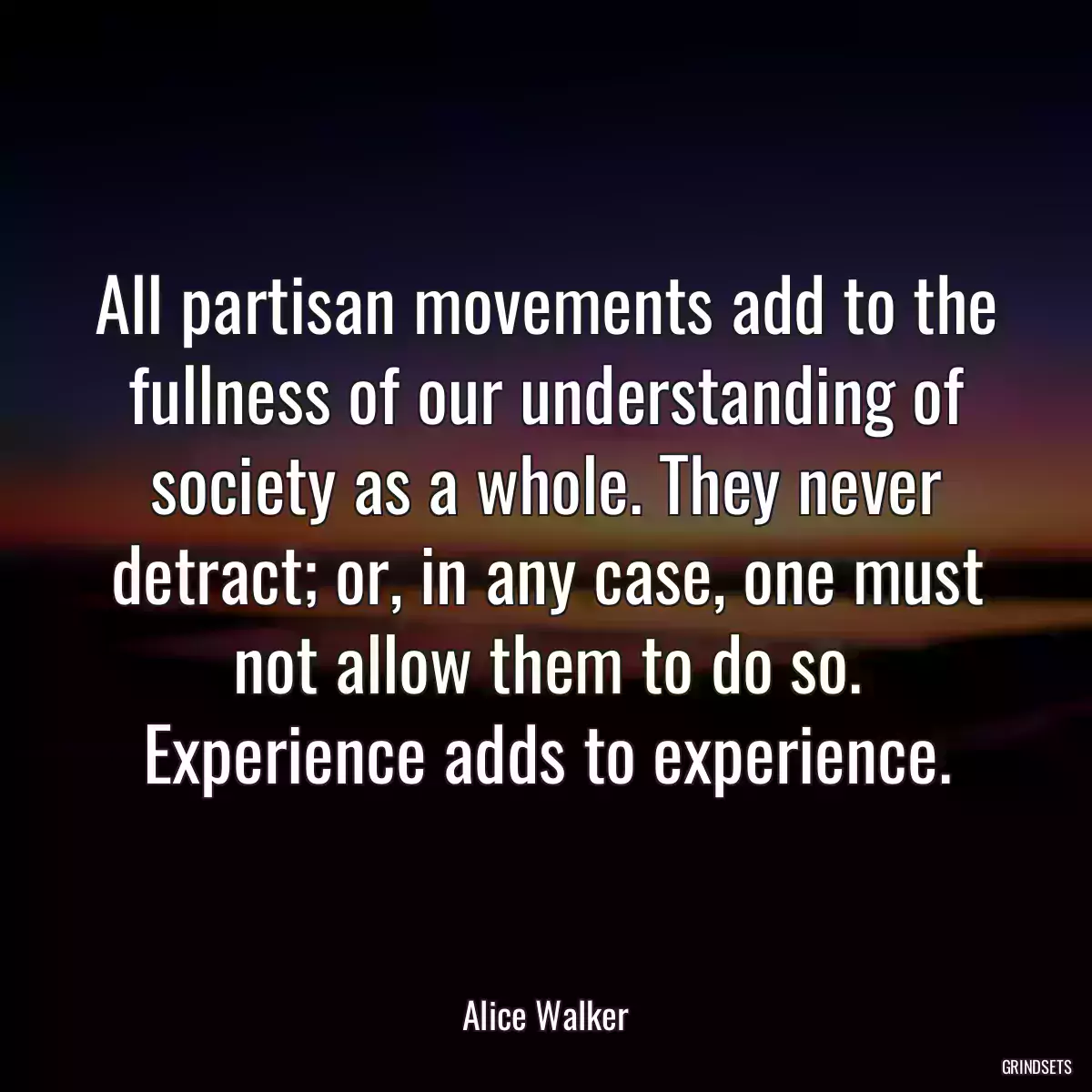 All partisan movements add to the fullness of our understanding of society as a whole. They never detract; or, in any case, one must not allow them to do so. Experience adds to experience.