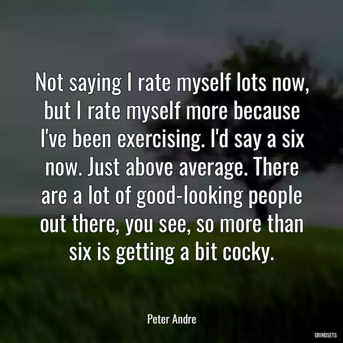 Not saying I rate myself lots now, but I rate myself more because I\'ve been exercising. I\'d say a six now. Just above average. There are a lot of good-looking people out there, you see, so more than six is getting a bit cocky.