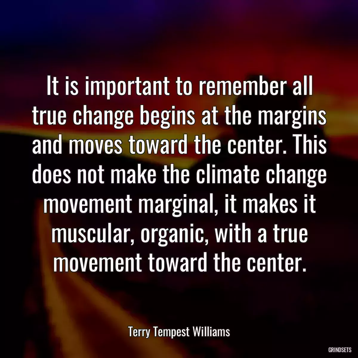 It is important to remember all true change begins at the margins and moves toward the center. This does not make the climate change movement marginal, it makes it muscular, organic, with a true movement toward the center.