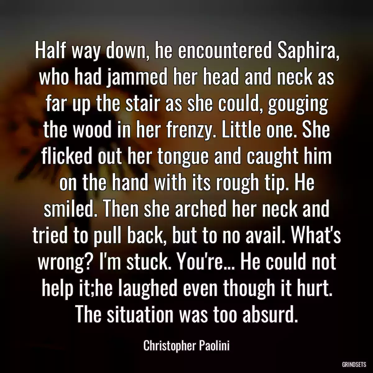 Half way down, he encountered Saphira, who had jammed her head and neck as far up the stair as she could, gouging the wood in her frenzy. Little one. She flicked out her tongue and caught him on the hand with its rough tip. He smiled. Then she arched her neck and tried to pull back, but to no avail. What\'s wrong? I\'m stuck. You\'re... He could not help it;he laughed even though it hurt. The situation was too absurd.