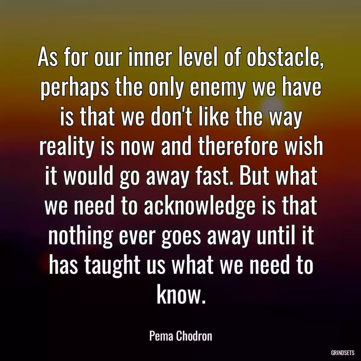 As for our inner level of obstacle, perhaps the only enemy we have is that we don\'t like the way reality is now and therefore wish it would go away fast. But what we need to acknowledge is that nothing ever goes away until it has taught us what we need to know.