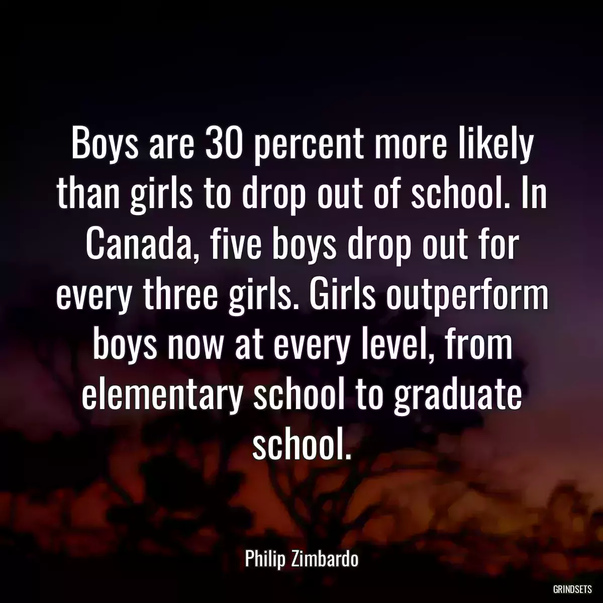 Boys are 30 percent more likely than girls to drop out of school. In Canada, five boys drop out for every three girls. Girls outperform boys now at every level, from elementary school to graduate school.