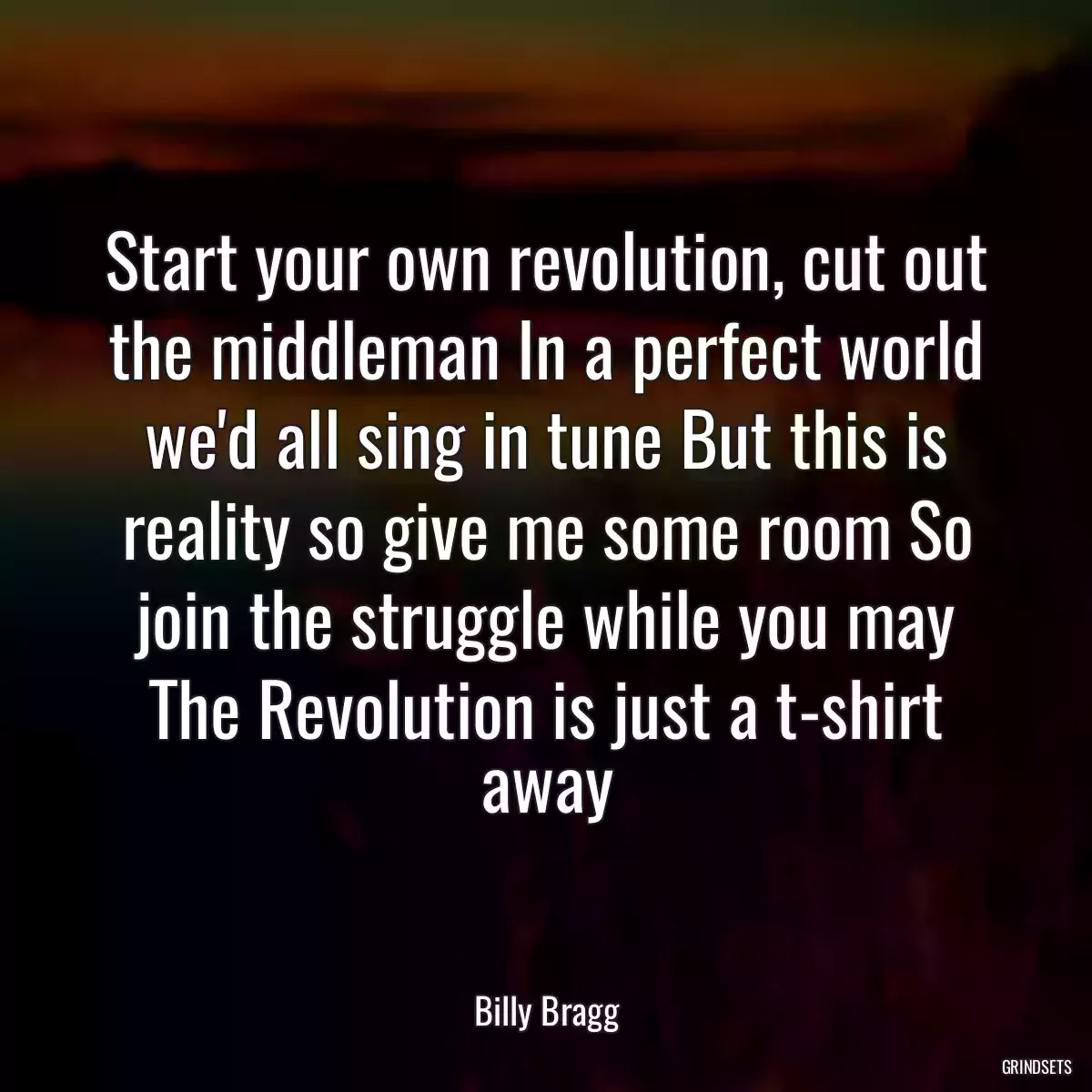 Start your own revolution, cut out the middleman In a perfect world we\'d all sing in tune But this is reality so give me some room So join the struggle while you may The Revolution is just a t-shirt away