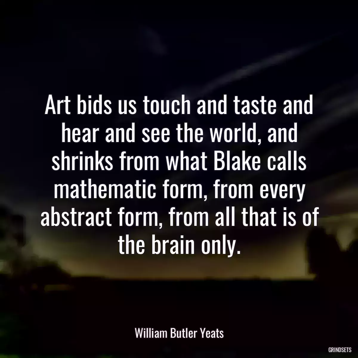 Art bids us touch and taste and hear and see the world, and shrinks from what Blake calls mathematic form, from every abstract form, from all that is of the brain only.