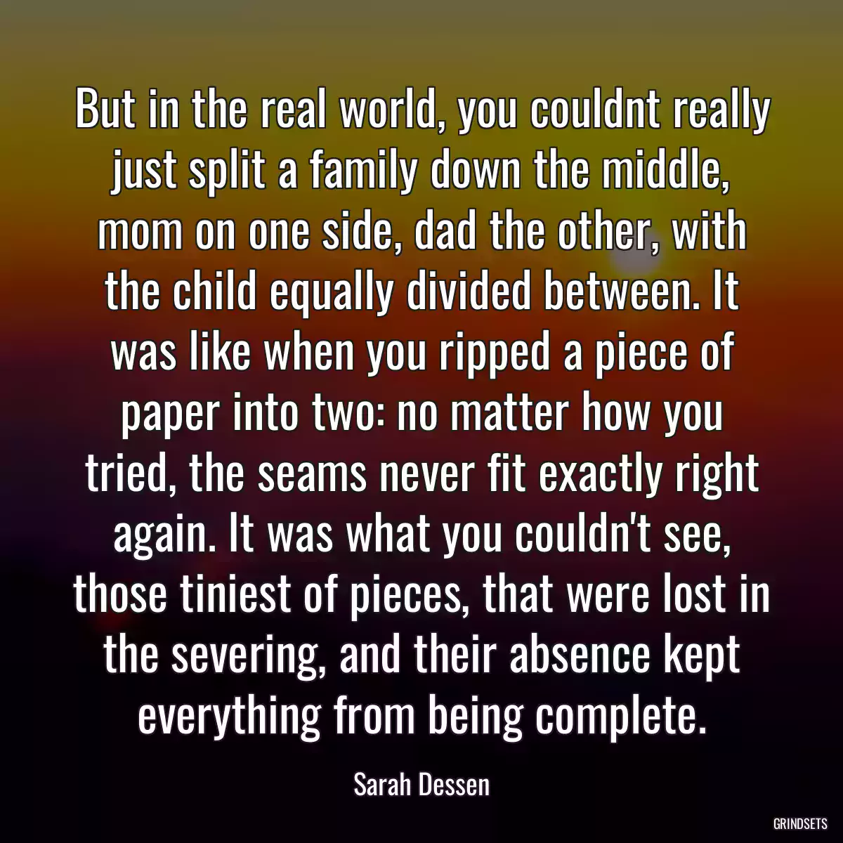 But in the real world, you couldnt really just split a family down the middle, mom on one side, dad the other, with the child equally divided between. It was like when you ripped a piece of paper into two: no matter how you tried, the seams never fit exactly right again. It was what you couldn\'t see, those tiniest of pieces, that were lost in the severing, and their absence kept everything from being complete.