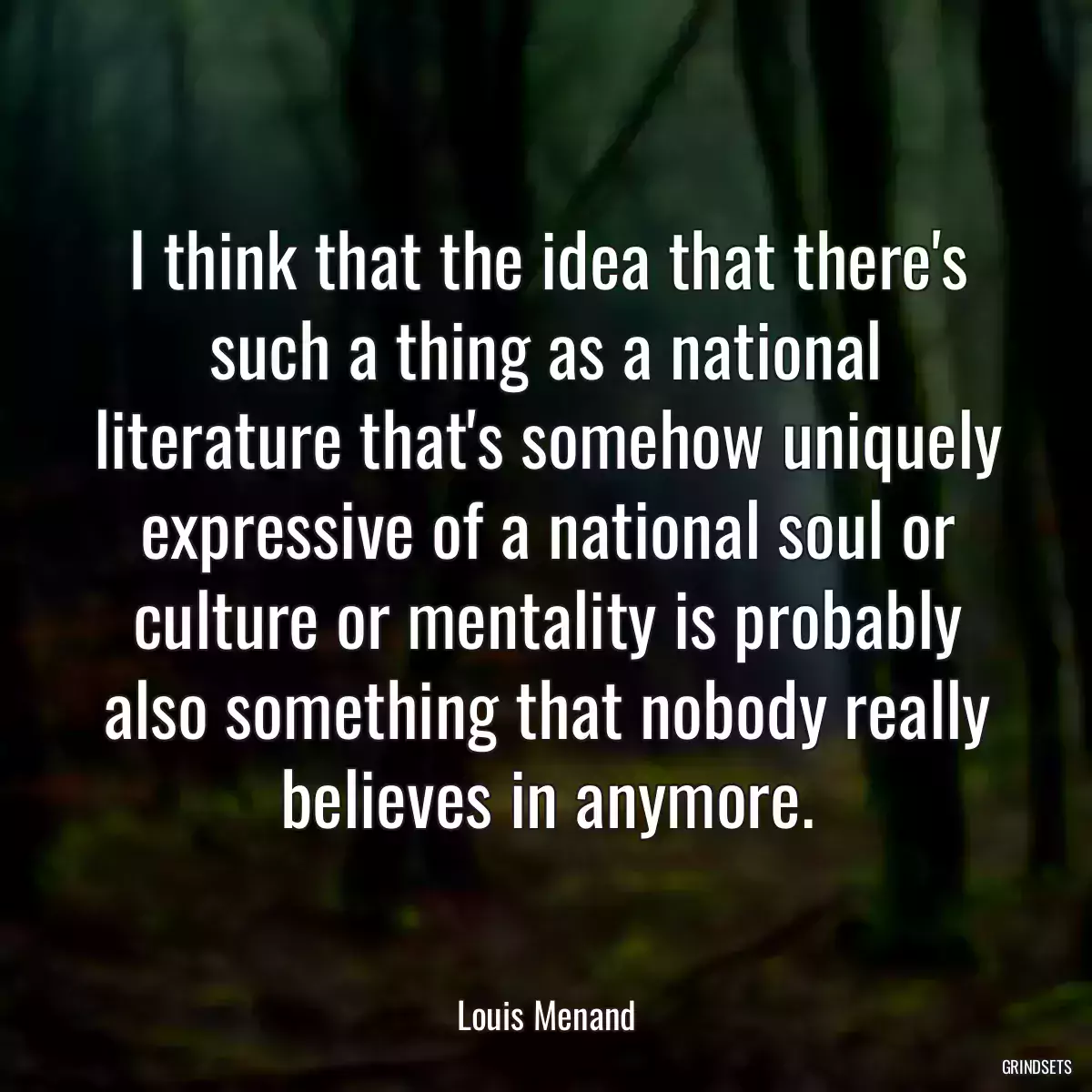 I think that the idea that there\'s such a thing as a national literature that\'s somehow uniquely expressive of a national soul or culture or mentality is probably also something that nobody really believes in anymore.