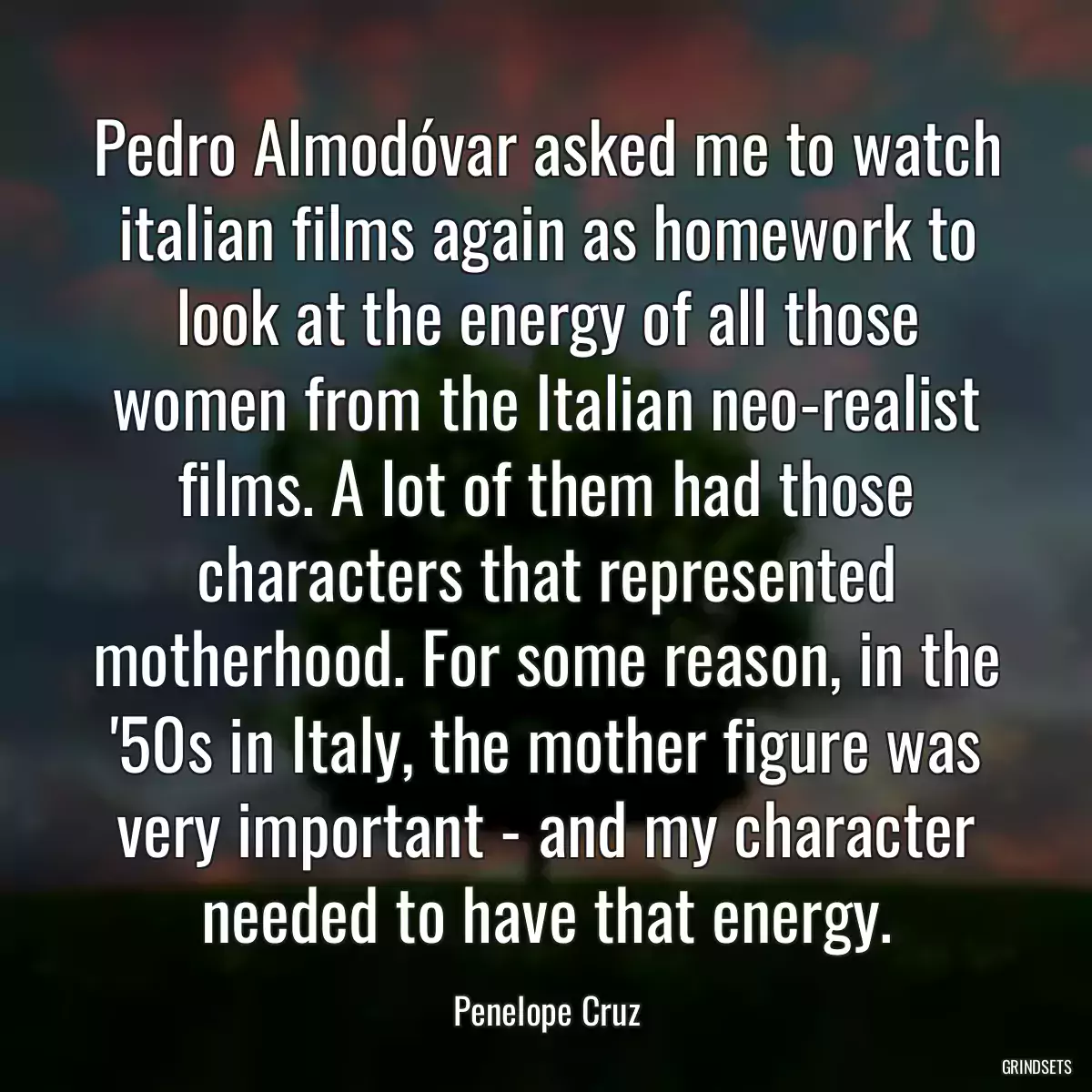 Pedro Almodóvar asked me to watch italian films again as homework to look at the energy of all those women from the Italian neo-realist films. A lot of them had those characters that represented motherhood. For some reason, in the \'50s in Italy, the mother figure was very important - and my character needed to have that energy.