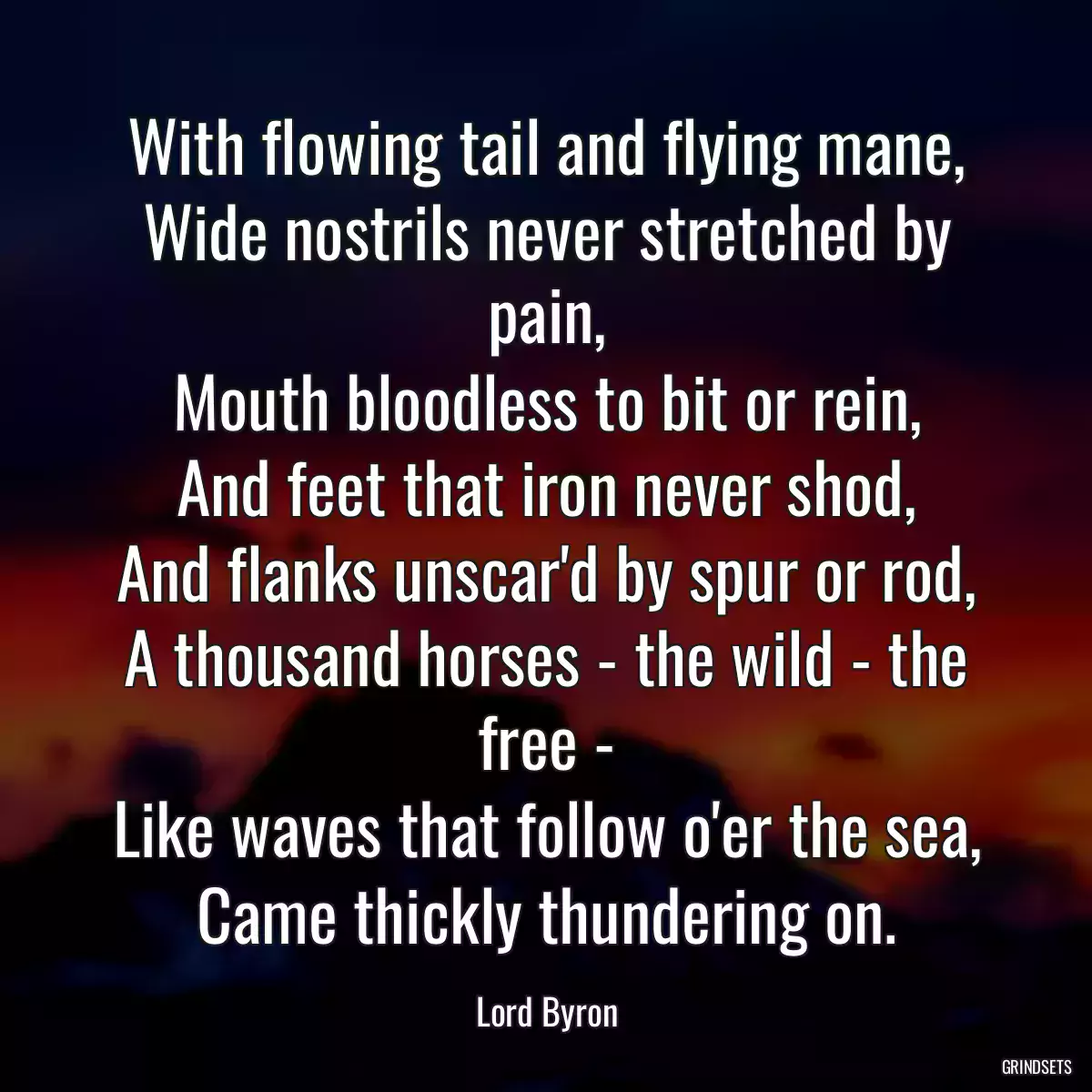 With flowing tail and flying mane,
Wide nostrils never stretched by pain,
Mouth bloodless to bit or rein,
And feet that iron never shod,
And flanks unscar\'d by spur or rod,
A thousand horses - the wild - the free -
Like waves that follow o\'er the sea,
Came thickly thundering on.