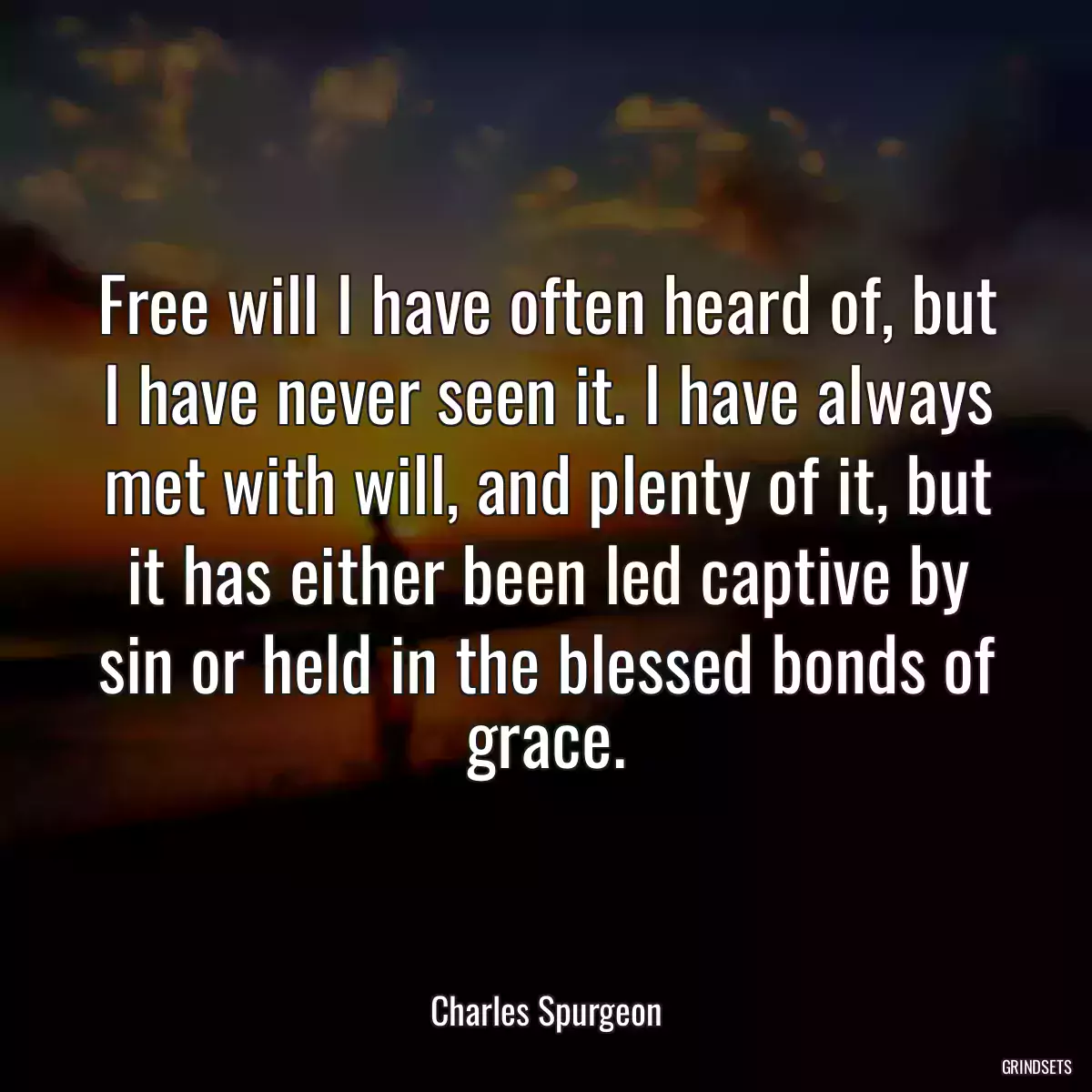 Free will I have often heard of, but I have never seen it. I have always met with will, and plenty of it, but it has either been led captive by sin or held in the blessed bonds of grace.