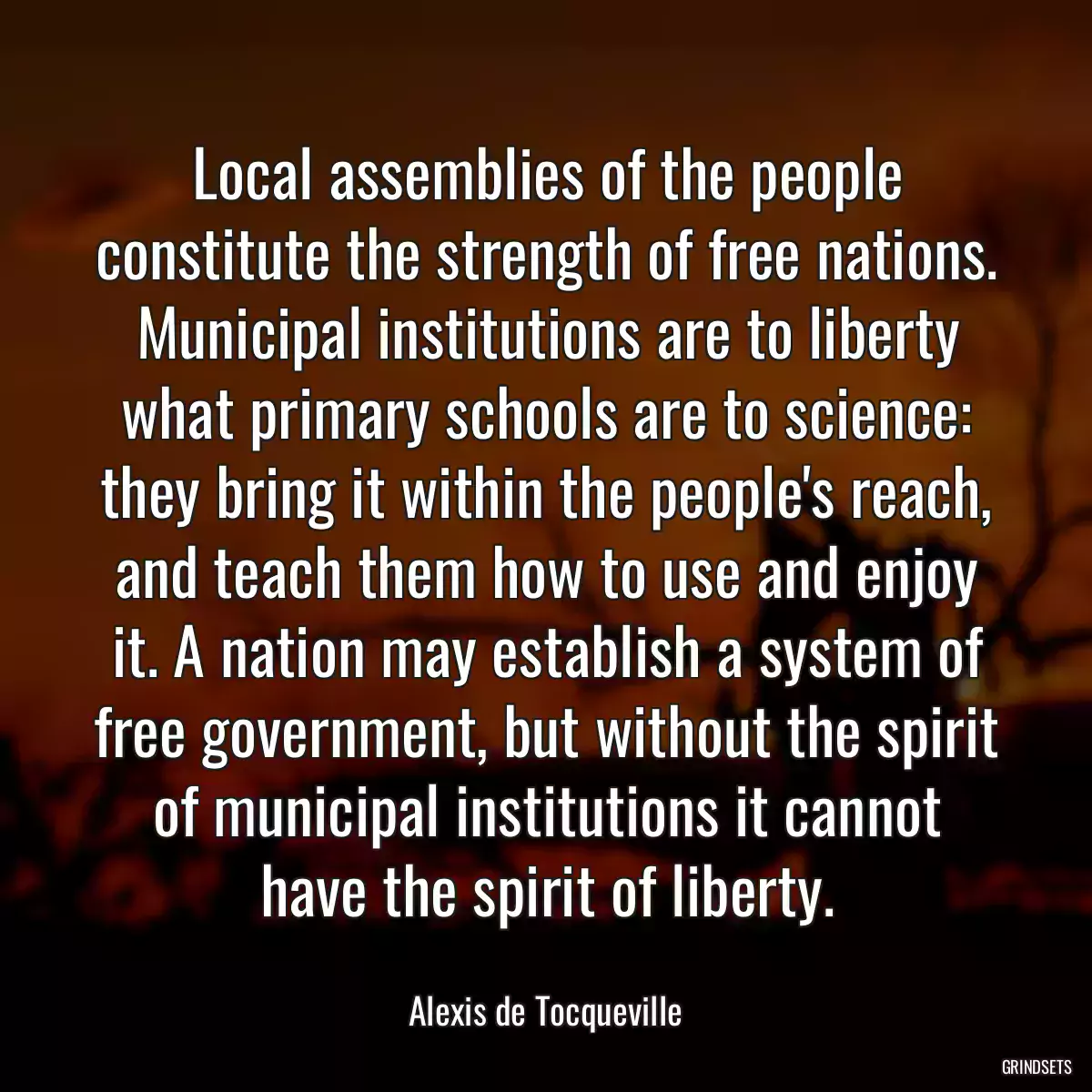 Local assemblies of the people constitute the strength of free nations. Municipal institutions are to liberty what primary schools are to science: they bring it within the people\'s reach, and teach them how to use and enjoy it. A nation may establish a system of free government, but without the spirit of municipal institutions it cannot have the spirit of liberty.