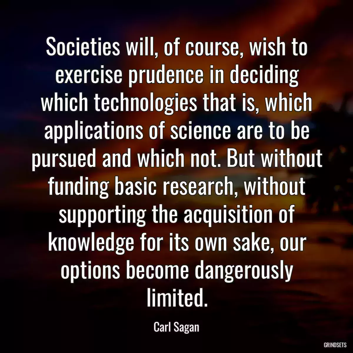 Societies will, of course, wish to exercise prudence in deciding which technologies that is, which applications of science are to be pursued and which not. But without funding basic research, without supporting the acquisition of knowledge for its own sake, our options become dangerously limited.