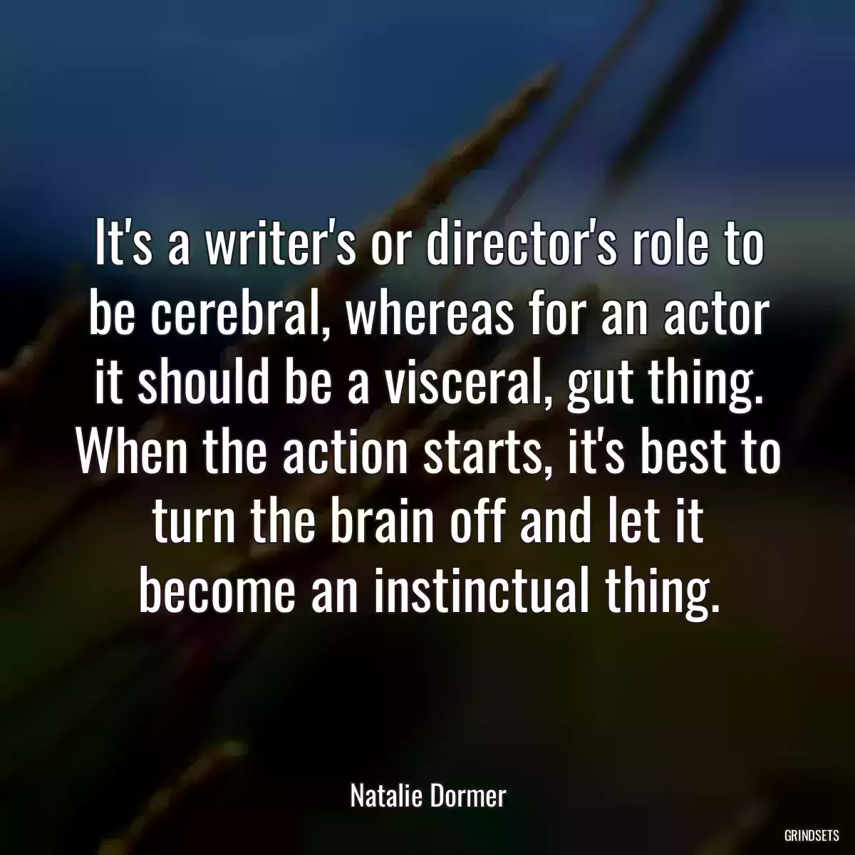 It\'s a writer\'s or director\'s role to be cerebral, whereas for an actor it should be a visceral, gut thing. When the action starts, it\'s best to turn the brain off and let it become an instinctual thing.