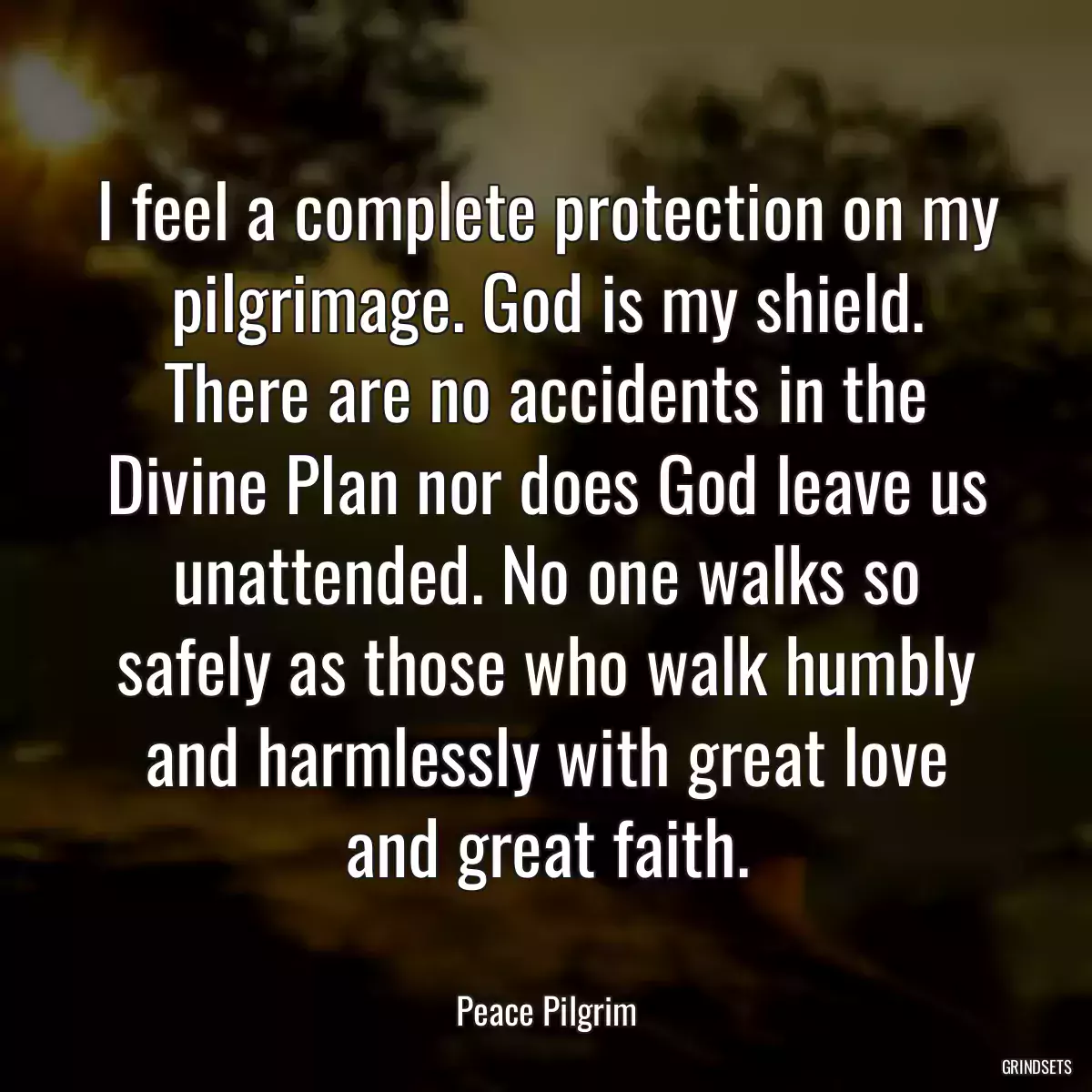 I feel a complete protection on my pilgrimage. God is my shield. There are no accidents in the Divine Plan nor does God leave us unattended. No one walks so safely as those who walk humbly and harmlessly with great love and great faith.