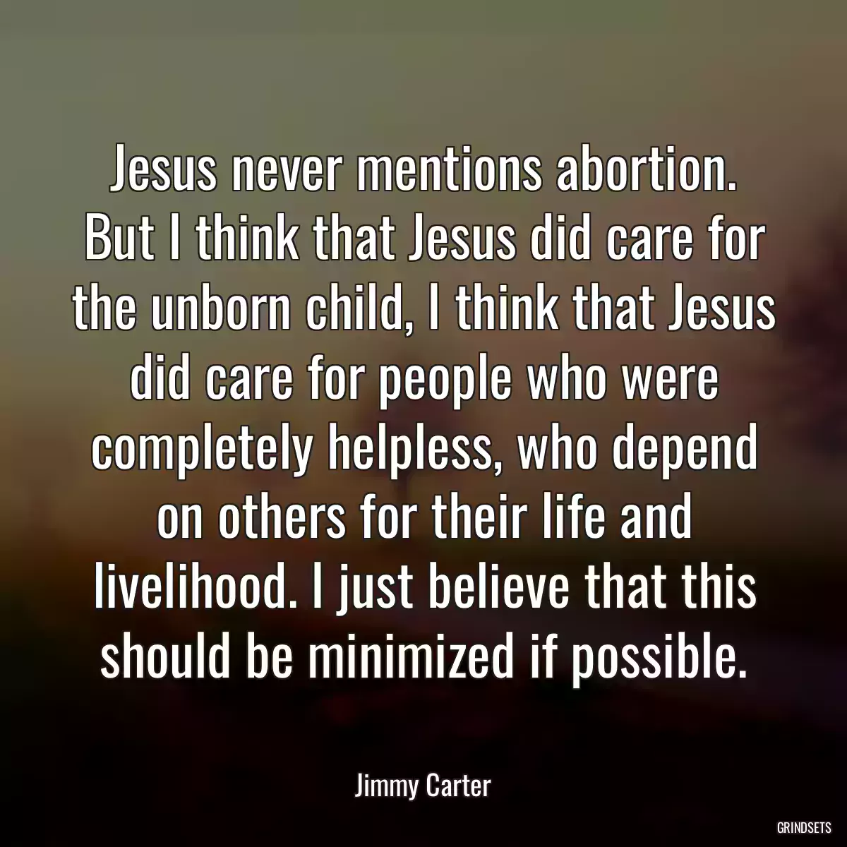 Jesus never mentions abortion. But I think that Jesus did care for the unborn child, I think that Jesus did care for people who were completely helpless, who depend on others for their life and livelihood. I just believe that this should be minimized if possible.