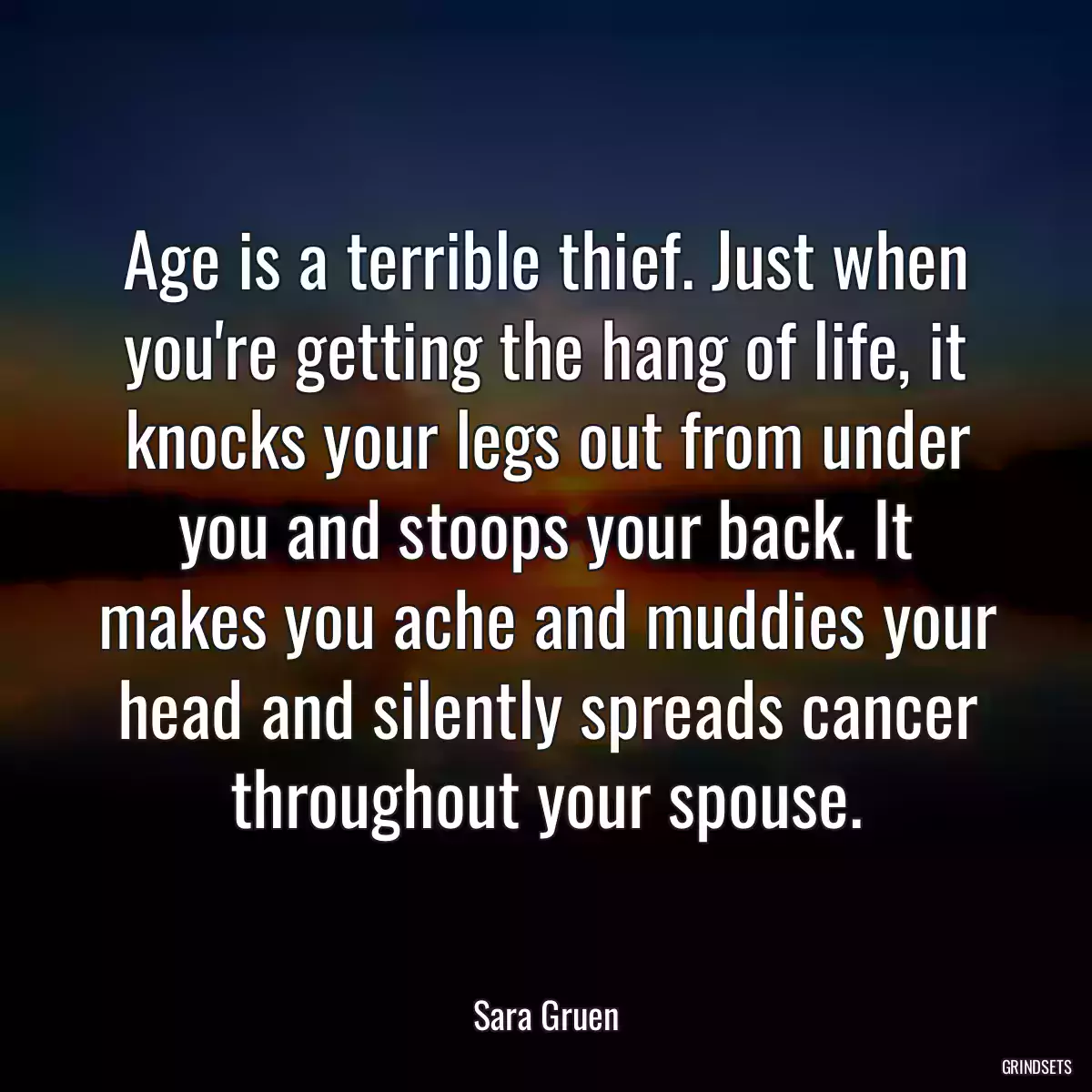 Age is a terrible thief. Just when you\'re getting the hang of life, it knocks your legs out from under you and stoops your back. It makes you ache and muddies your head and silently spreads cancer throughout your spouse.