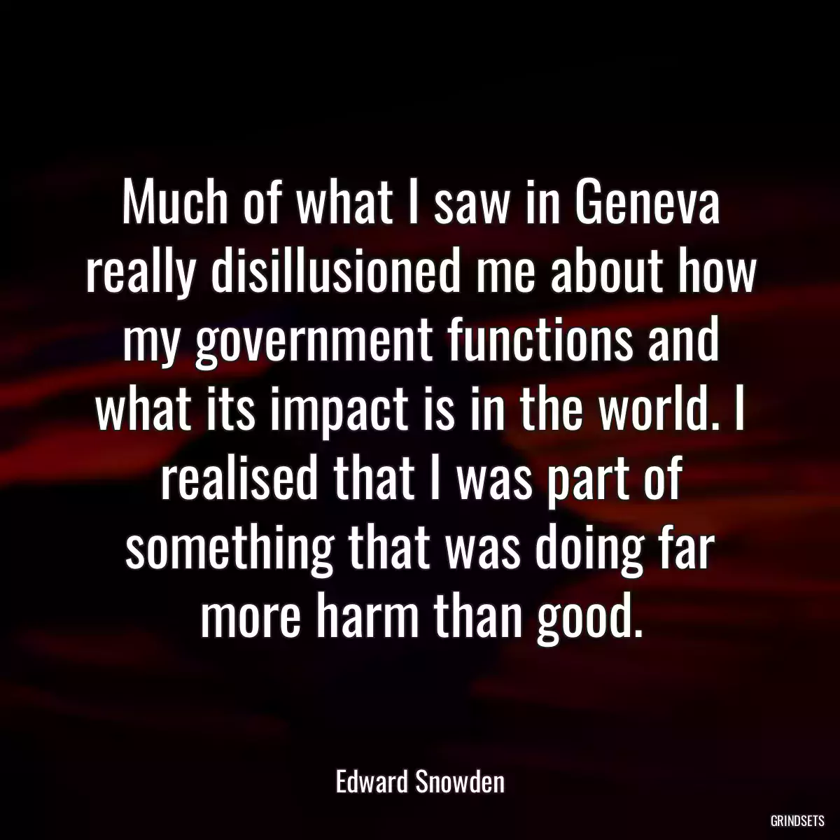 Much of what I saw in Geneva really disillusioned me about how my government functions and what its impact is in the world. I realised that I was part of something that was doing far more harm than good.