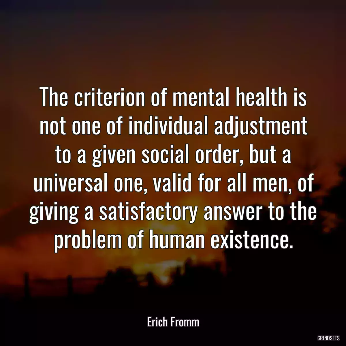 The criterion of mental health is not one of individual adjustment to a given social order, but a universal one, valid for all men, of giving a satisfactory answer to the problem of human existence.