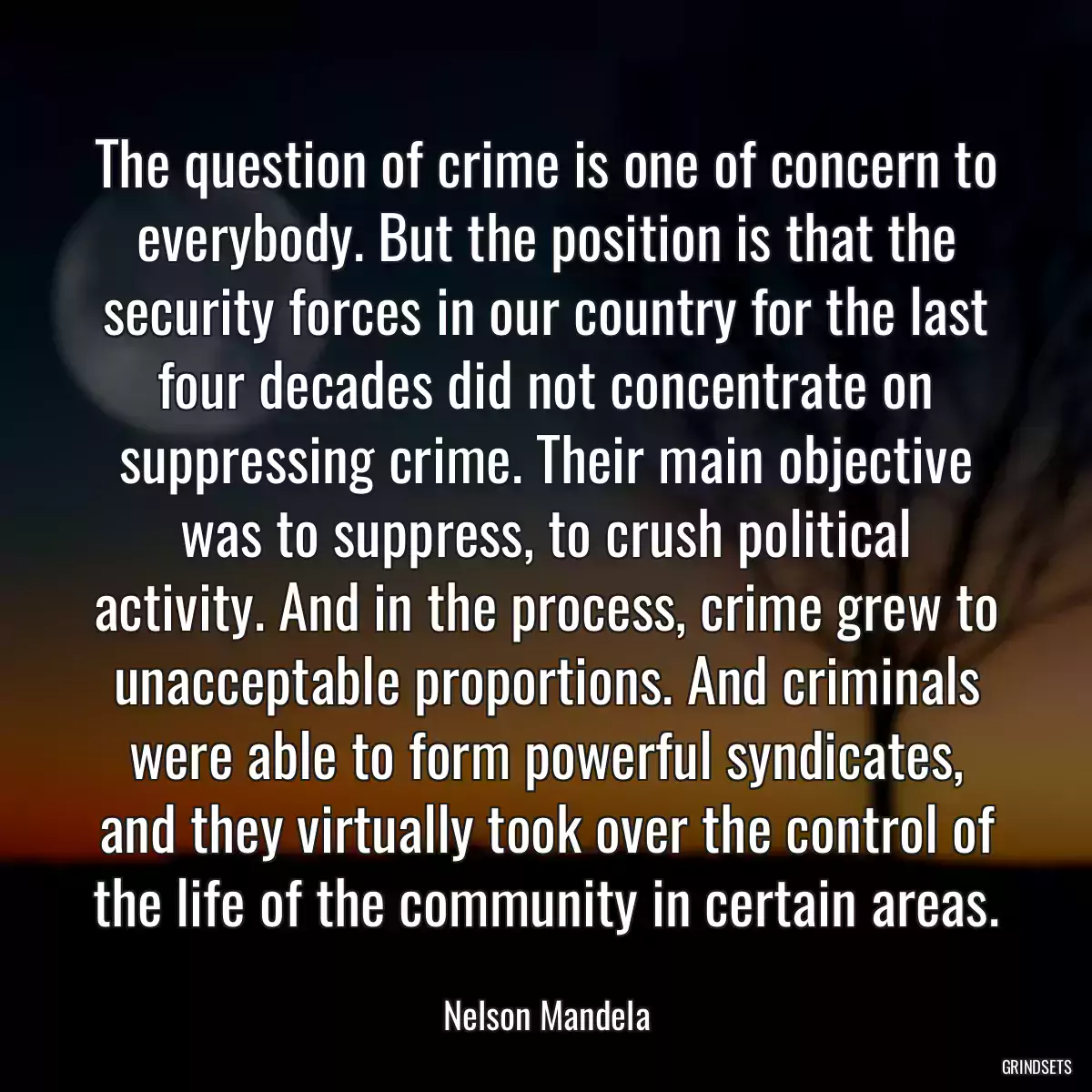 The question of crime is one of concern to everybody. But the position is that the security forces in our country for the last four decades did not concentrate on suppressing crime. Their main objective was to suppress, to crush political activity. And in the process, crime grew to unacceptable proportions. And criminals were able to form powerful syndicates, and they virtually took over the control of the life of the community in certain areas.