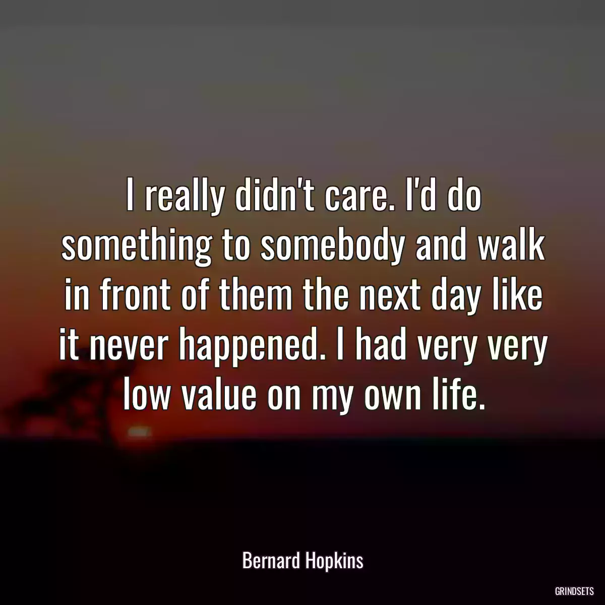 I really didn\'t care. I\'d do something to somebody and walk in front of them the next day like it never happened. I had very very low value on my own life.