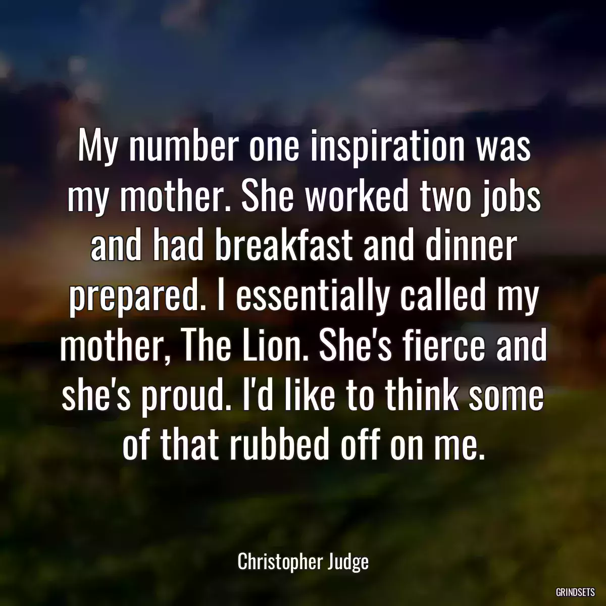 My number one inspiration was my mother. She worked two jobs and had breakfast and dinner prepared. I essentially called my mother, The Lion. She\'s fierce and she\'s proud. I\'d like to think some of that rubbed off on me.