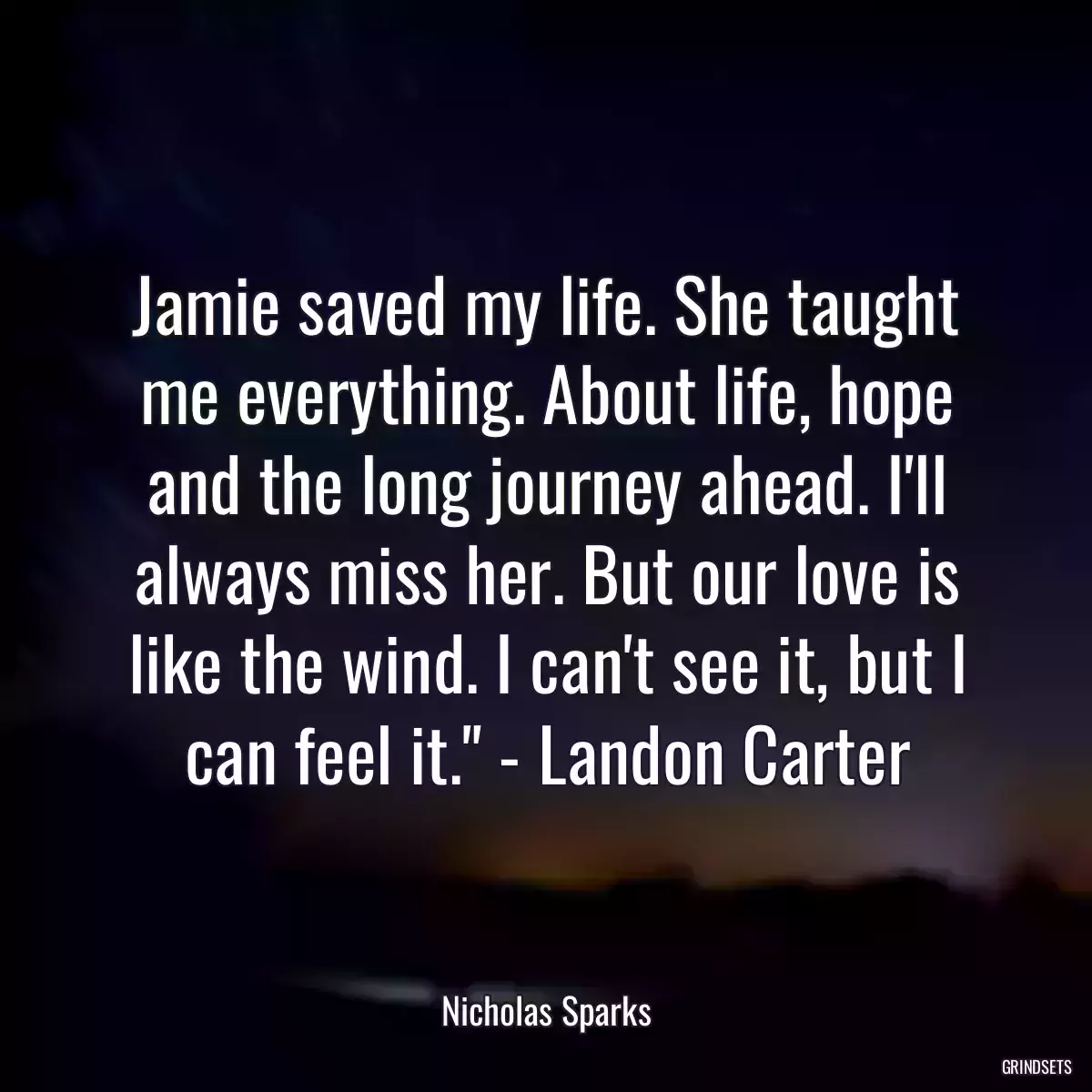 Jamie saved my life. She taught me everything. About life, hope and the long journey ahead. I\'ll always miss her. But our love is like the wind. I can\'t see it, but I can feel it.\