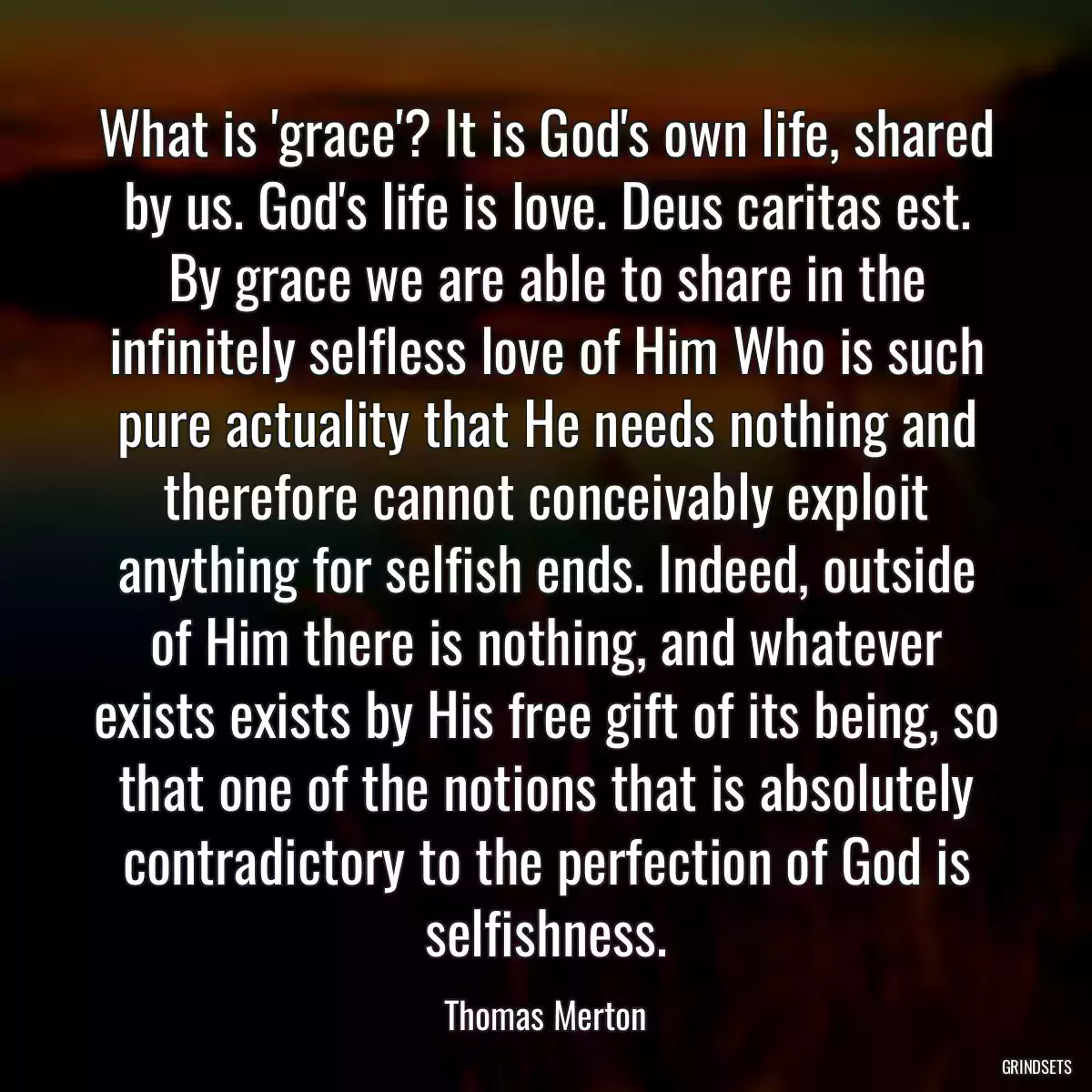 What is \'grace\'? It is God\'s own life, shared by us. God\'s life is love. Deus caritas est. By grace we are able to share in the infinitely selfless love of Him Who is such pure actuality that He needs nothing and therefore cannot conceivably exploit anything for selfish ends. Indeed, outside of Him there is nothing, and whatever exists exists by His free gift of its being, so that one of the notions that is absolutely contradictory to the perfection of God is selfishness.