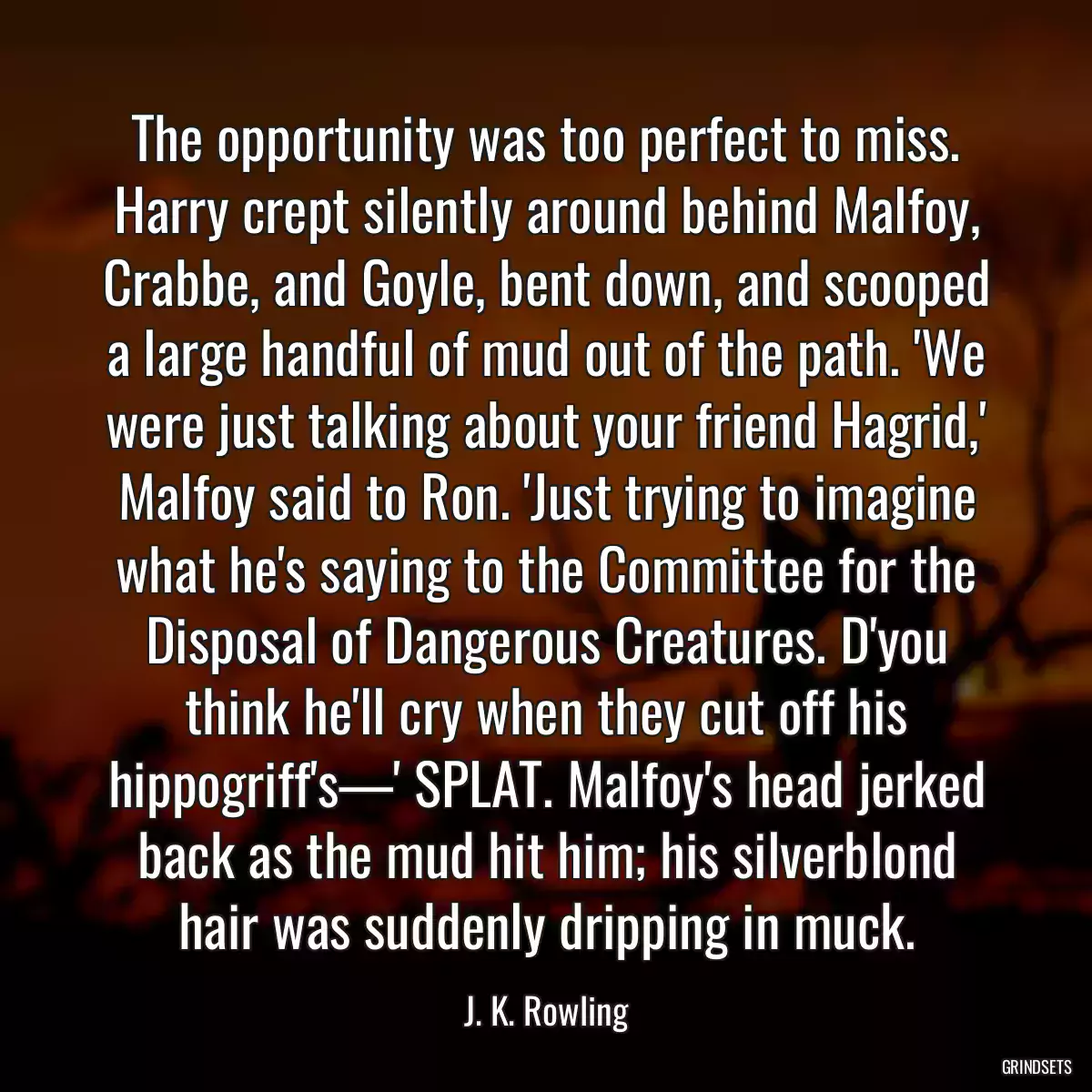 The opportunity was too perfect to miss. Harry crept silently around behind Malfoy, Crabbe, and Goyle, bent down, and scooped a large handful of mud out of the path. \'We were just talking about your friend Hagrid,\' Malfoy said to Ron. \'Just trying to imagine what he\'s saying to the Committee for the Disposal of Dangerous Creatures. D\'you think he\'ll cry when they cut off his hippogriff\'s—\' SPLAT. Malfoy\'s head jerked back as the mud hit him; his silverblond hair was suddenly dripping in muck.