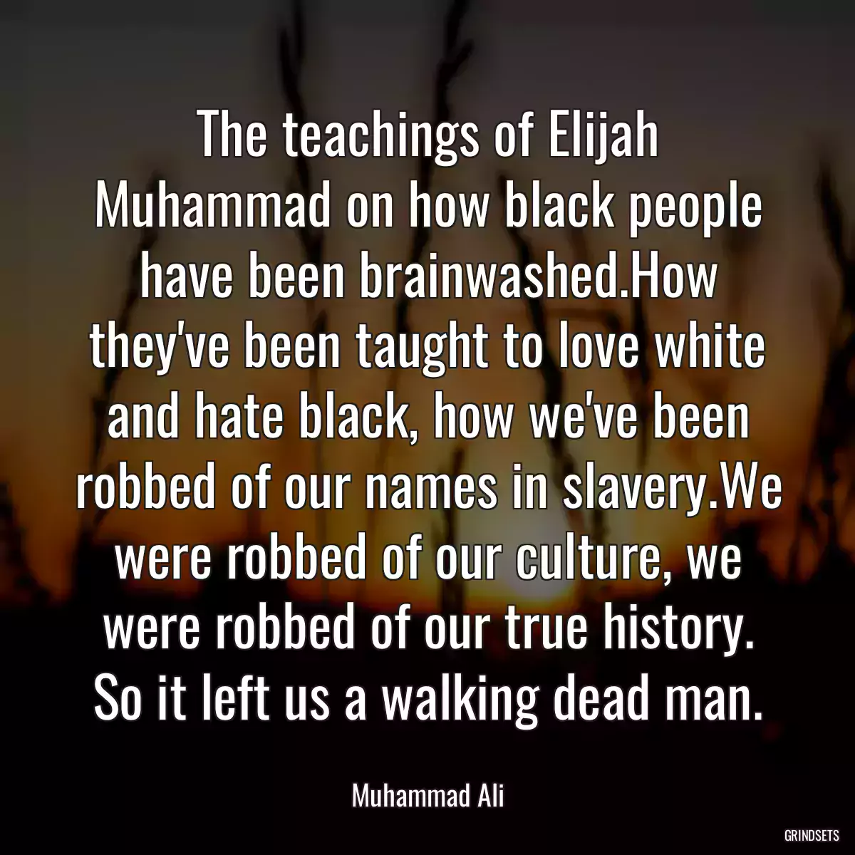 The teachings of Elijah Muhammad on how black people have been brainwashed.How they\'ve been taught to love white and hate black, how we\'ve been robbed of our names in slavery.We were robbed of our culture, we were robbed of our true history. So it left us a walking dead man.