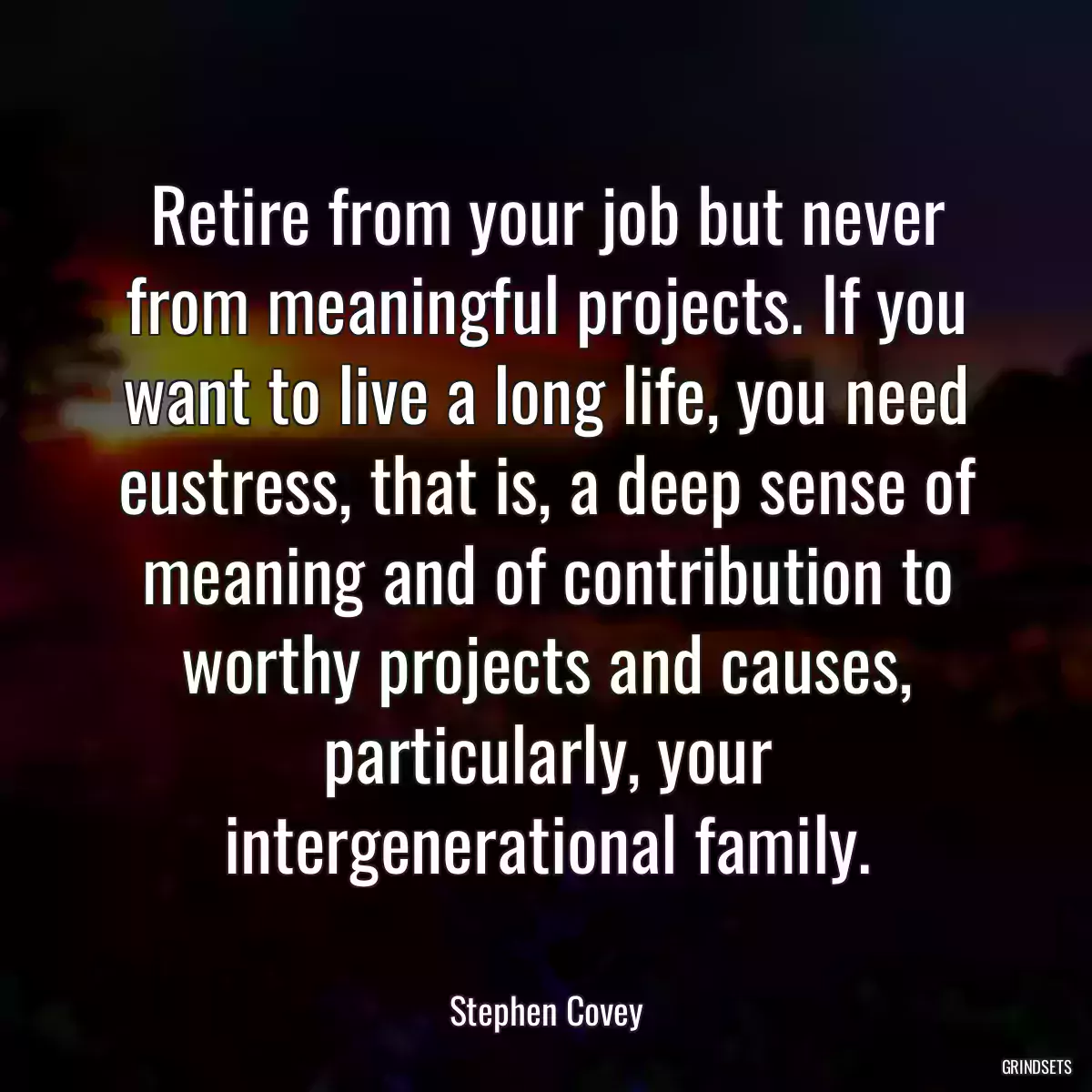 Retire from your job but never from meaningful projects. If you want to live a long life, you need eustress, that is, a deep sense of meaning and of contribution to worthy projects and causes, particularly, your intergenerational family.