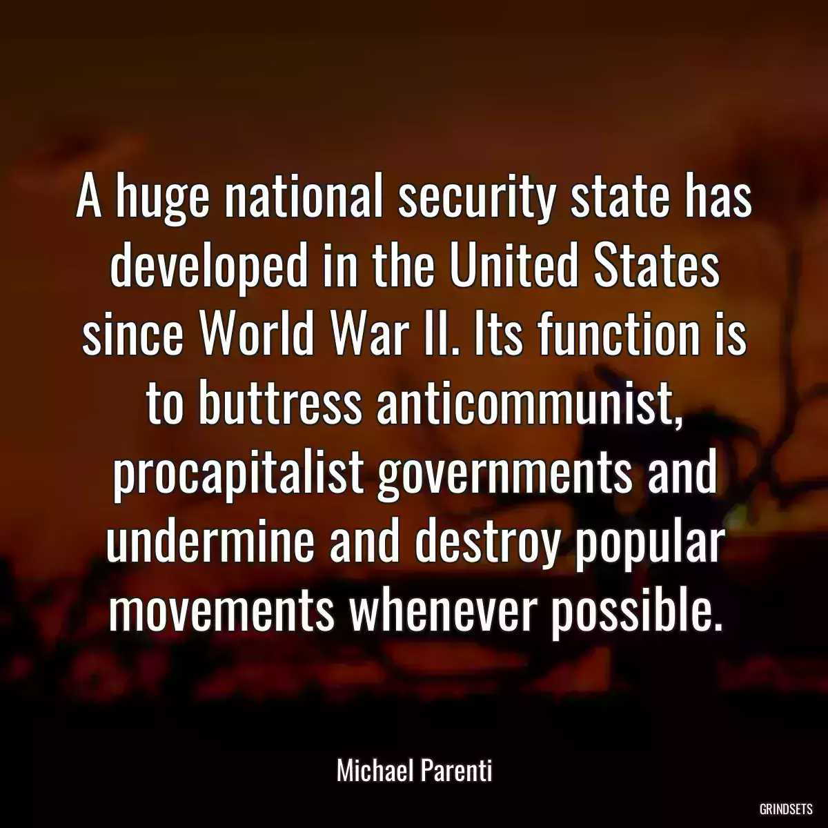 A huge national security state has developed in the United States since World War II. Its function is to buttress anticommunist, procapitalist governments and undermine and destroy popular movements whenever possible.