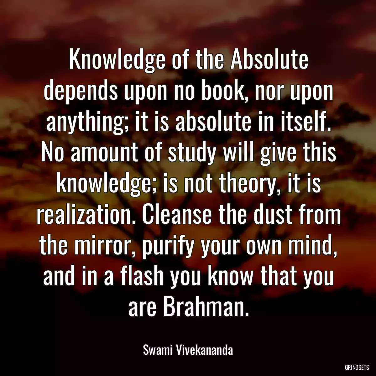 Knowledge of the Absolute depends upon no book, nor upon anything; it is absolute in itself. No amount of study will give this knowledge; is not theory, it is realization. Cleanse the dust from the mirror, purify your own mind, and in a flash you know that you are Brahman.