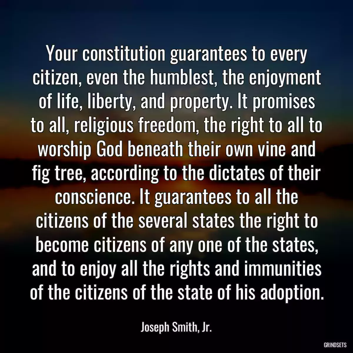 Your constitution guarantees to every citizen, even the humblest, the enjoyment of life, liberty, and property. It promises to all, religious freedom, the right to all to worship God beneath their own vine and fig tree, according to the dictates of their conscience. It guarantees to all the citizens of the several states the right to become citizens of any one of the states, and to enjoy all the rights and immunities of the citizens of the state of his adoption.