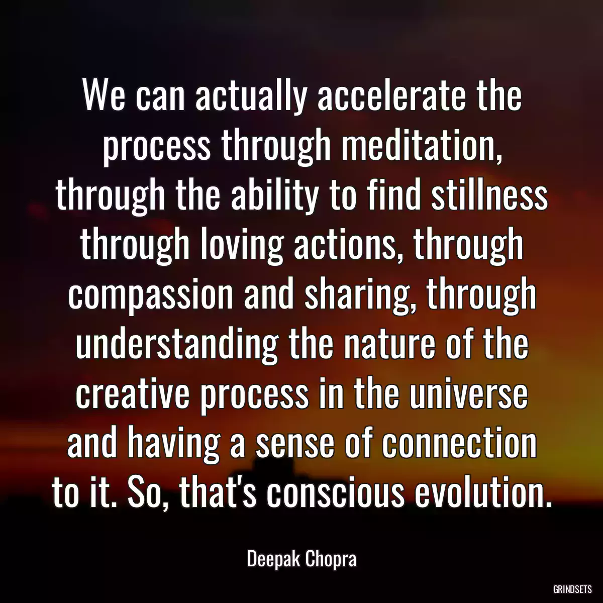 We can actually accelerate the process through meditation, through the ability to find stillness through loving actions, through compassion and sharing, through understanding the nature of the creative process in the universe and having a sense of connection to it. So, that\'s conscious evolution.