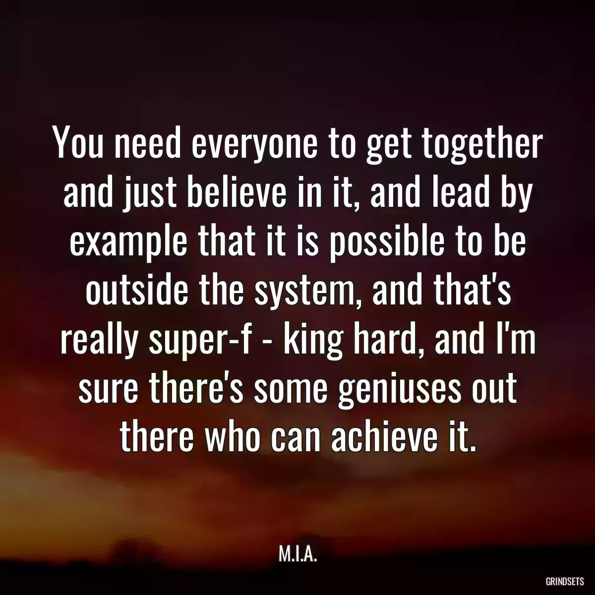 You need everyone to get together and just believe in it, and lead by example that it is possible to be outside the system, and that\'s really super-f - king hard, and I\'m sure there\'s some geniuses out there who can achieve it.