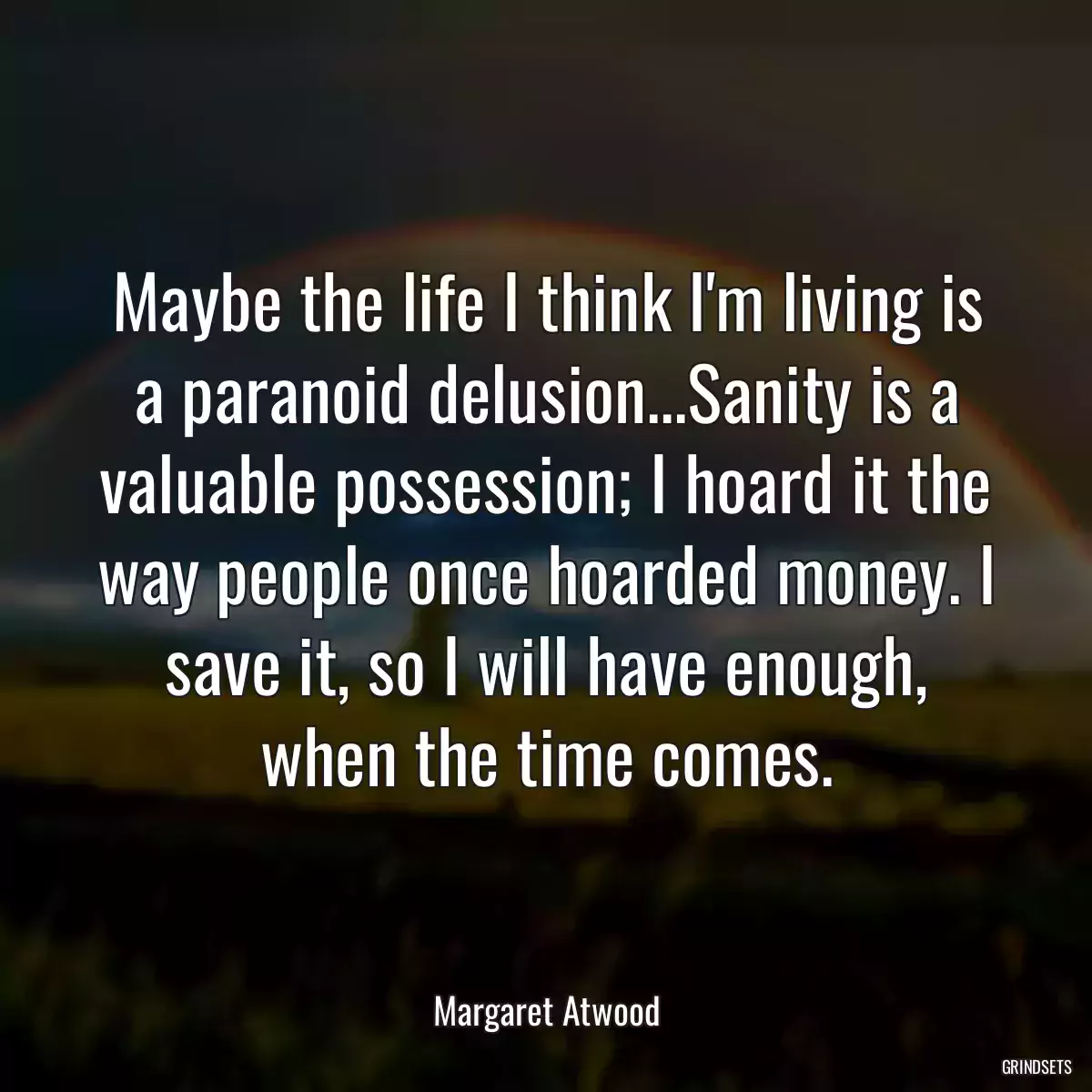 Maybe the life I think I\'m living is a paranoid delusion...Sanity is a valuable possession; I hoard it the way people once hoarded money. I save it, so I will have enough, when the time comes.