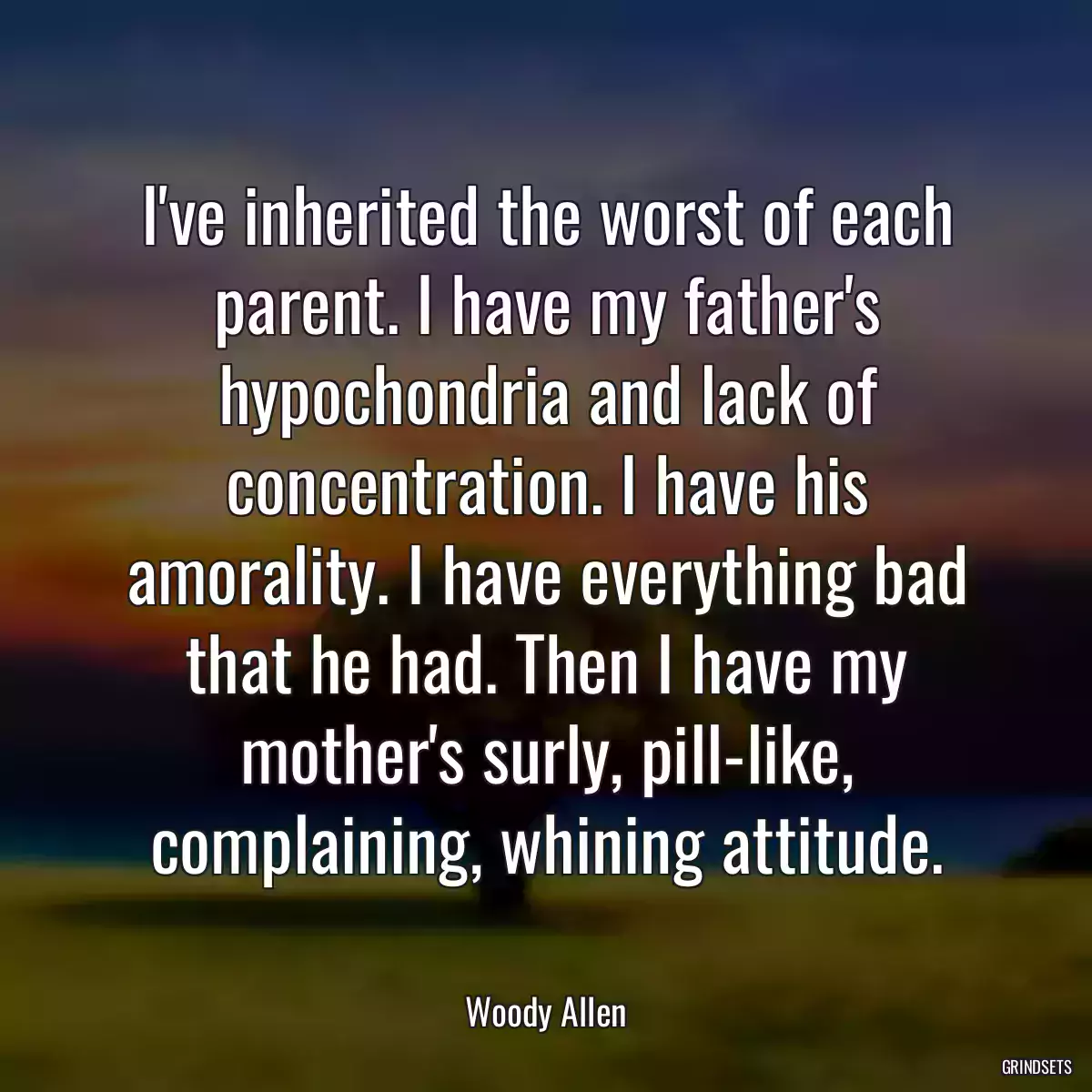I\'ve inherited the worst of each parent. I have my father\'s hypochondria and lack of concentration. I have his amorality. I have everything bad that he had. Then I have my mother\'s surly, pill-like, complaining, whining attitude.