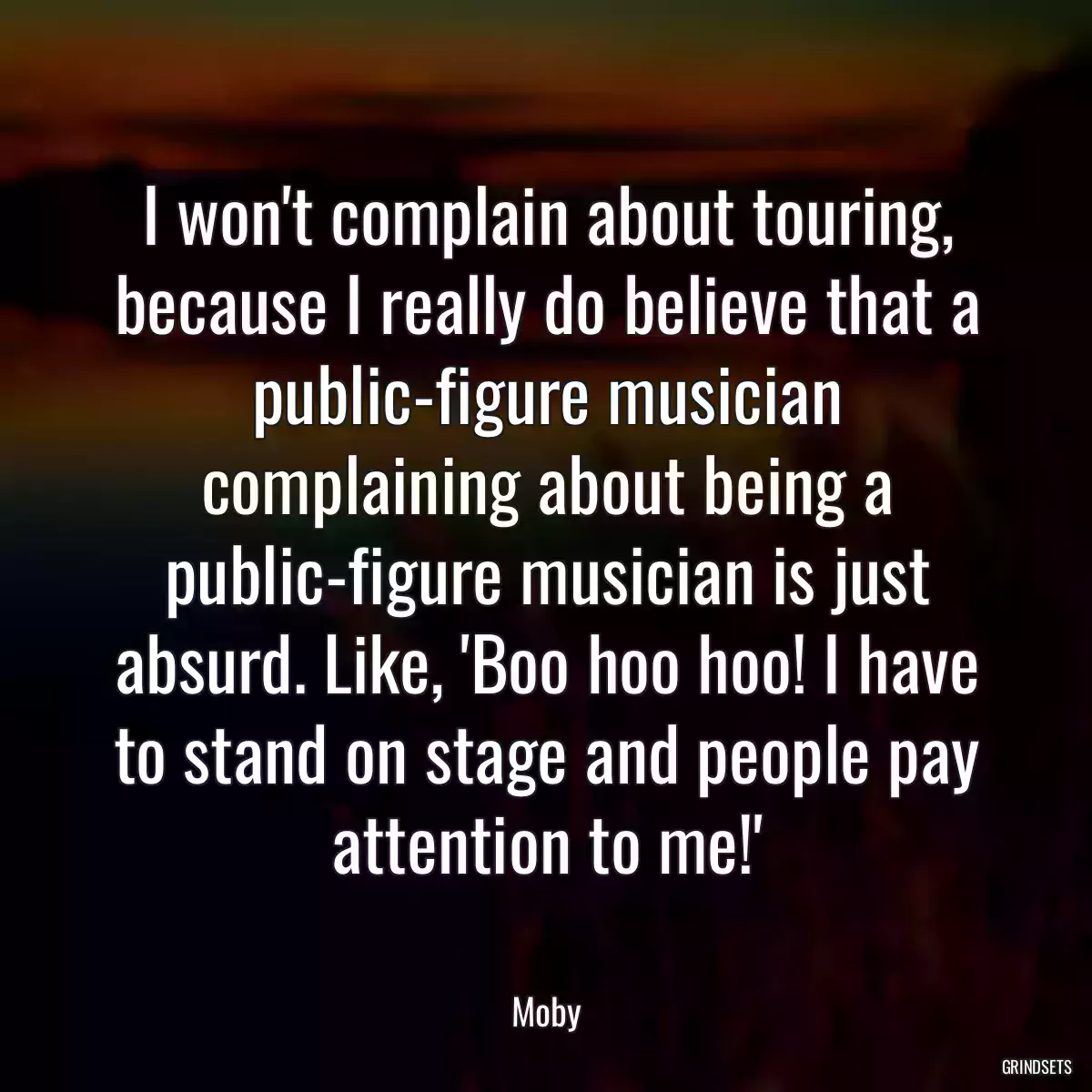 I won\'t complain about touring, because I really do believe that a public-figure musician complaining about being a public-figure musician is just absurd. Like, \'Boo hoo hoo! I have to stand on stage and people pay attention to me!\'