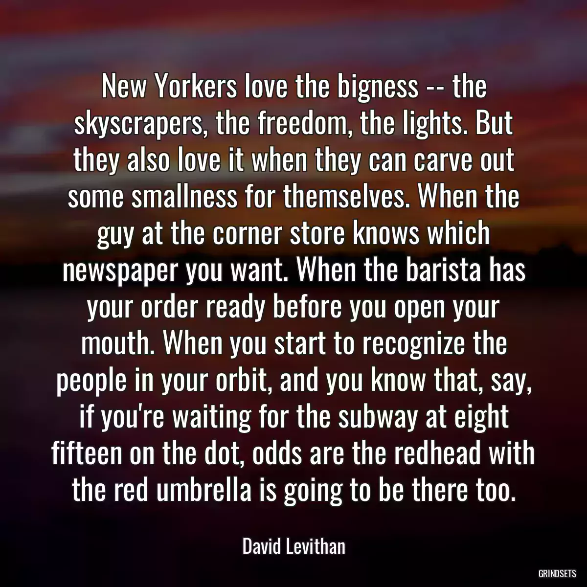 New Yorkers love the bigness -- the skyscrapers, the freedom, the lights. But they also love it when they can carve out some smallness for themselves. When the guy at the corner store knows which newspaper you want. When the barista has your order ready before you open your mouth. When you start to recognize the people in your orbit, and you know that, say, if you\'re waiting for the subway at eight fifteen on the dot, odds are the redhead with the red umbrella is going to be there too.