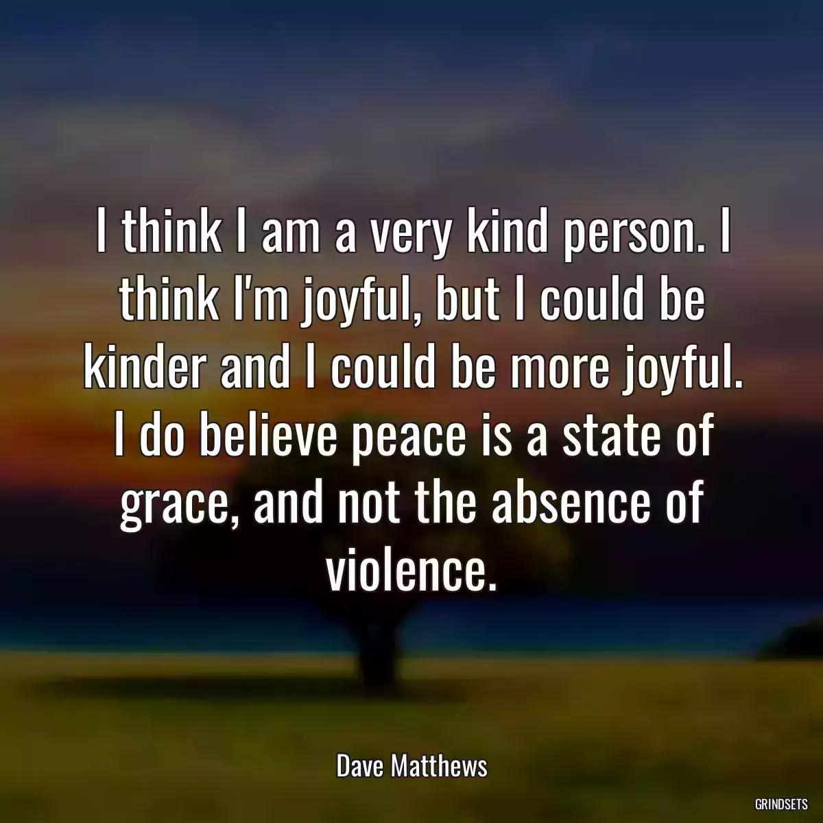 I think I am a very kind person. I think I\'m joyful, but I could be kinder and I could be more joyful. I do believe peace is a state of grace, and not the absence of violence.