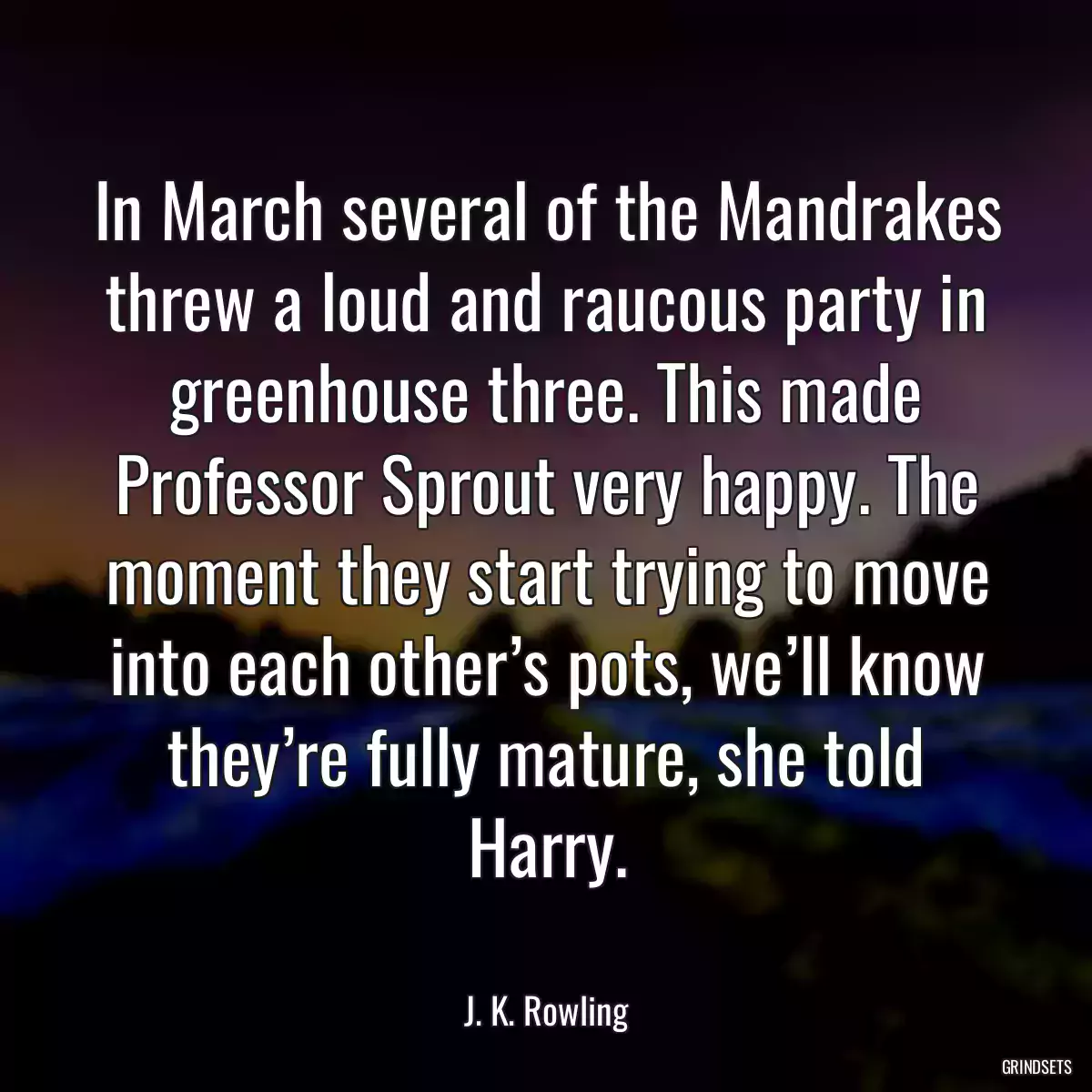 In March several of the Mandrakes threw a loud and raucous party in greenhouse three. This made Professor Sprout very happy. The moment they start trying to move into each other’s pots, we’ll know they’re fully mature, she told Harry.