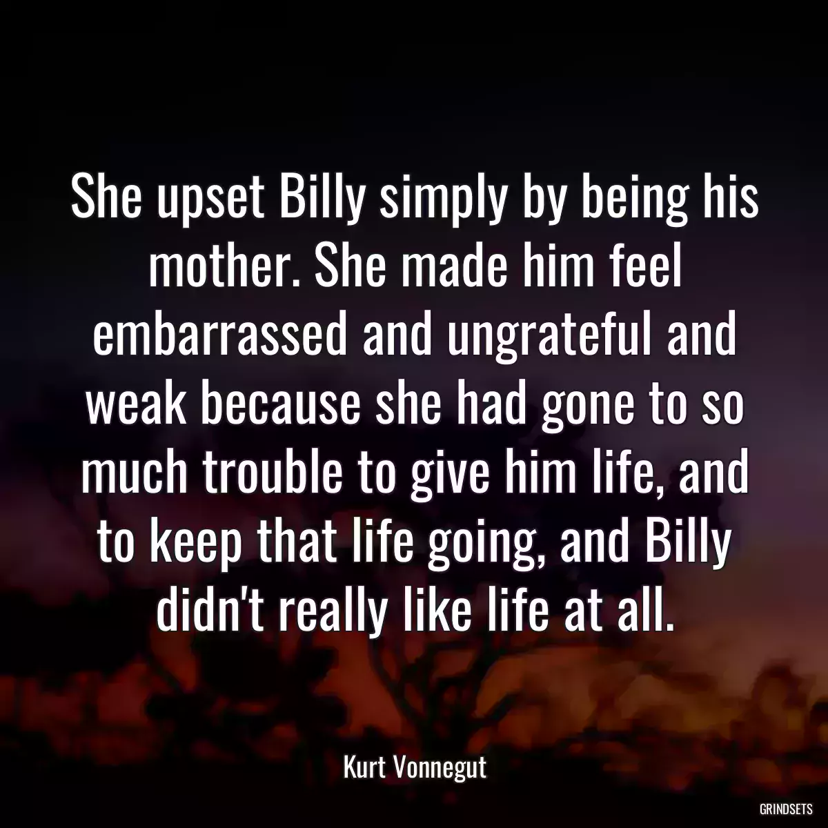 She upset Billy simply by being his mother. She made him feel embarrassed and ungrateful and weak because she had gone to so much trouble to give him life, and to keep that life going, and Billy didn\'t really like life at all.