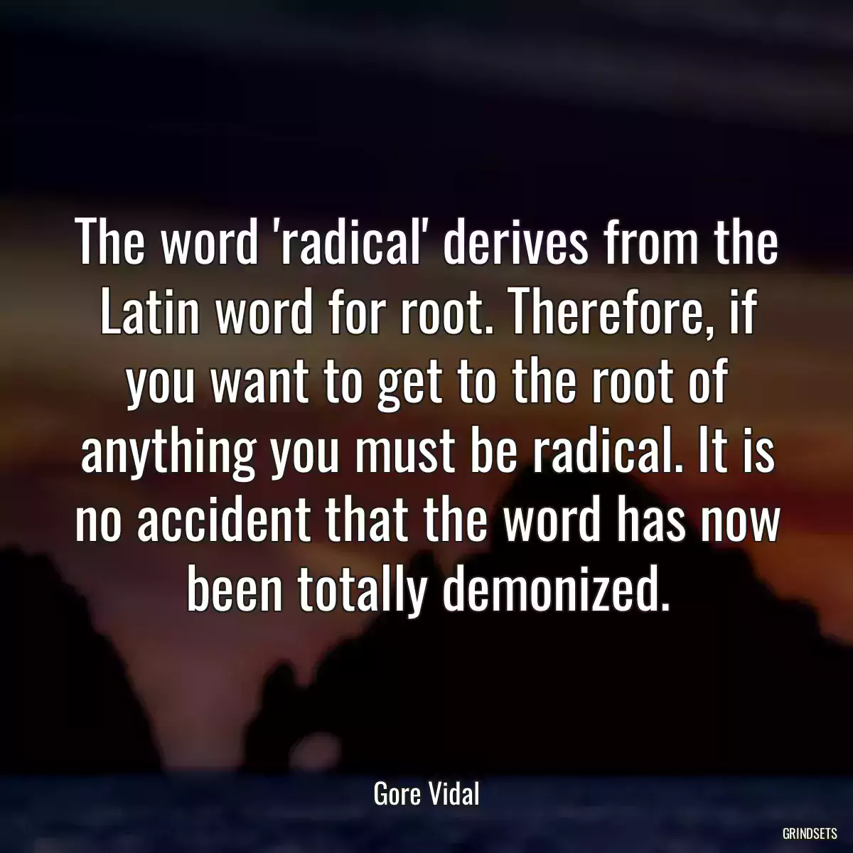 The word \'radical\' derives from the Latin word for root. Therefore, if you want to get to the root of anything you must be radical. It is no accident that the word has now been totally demonized.