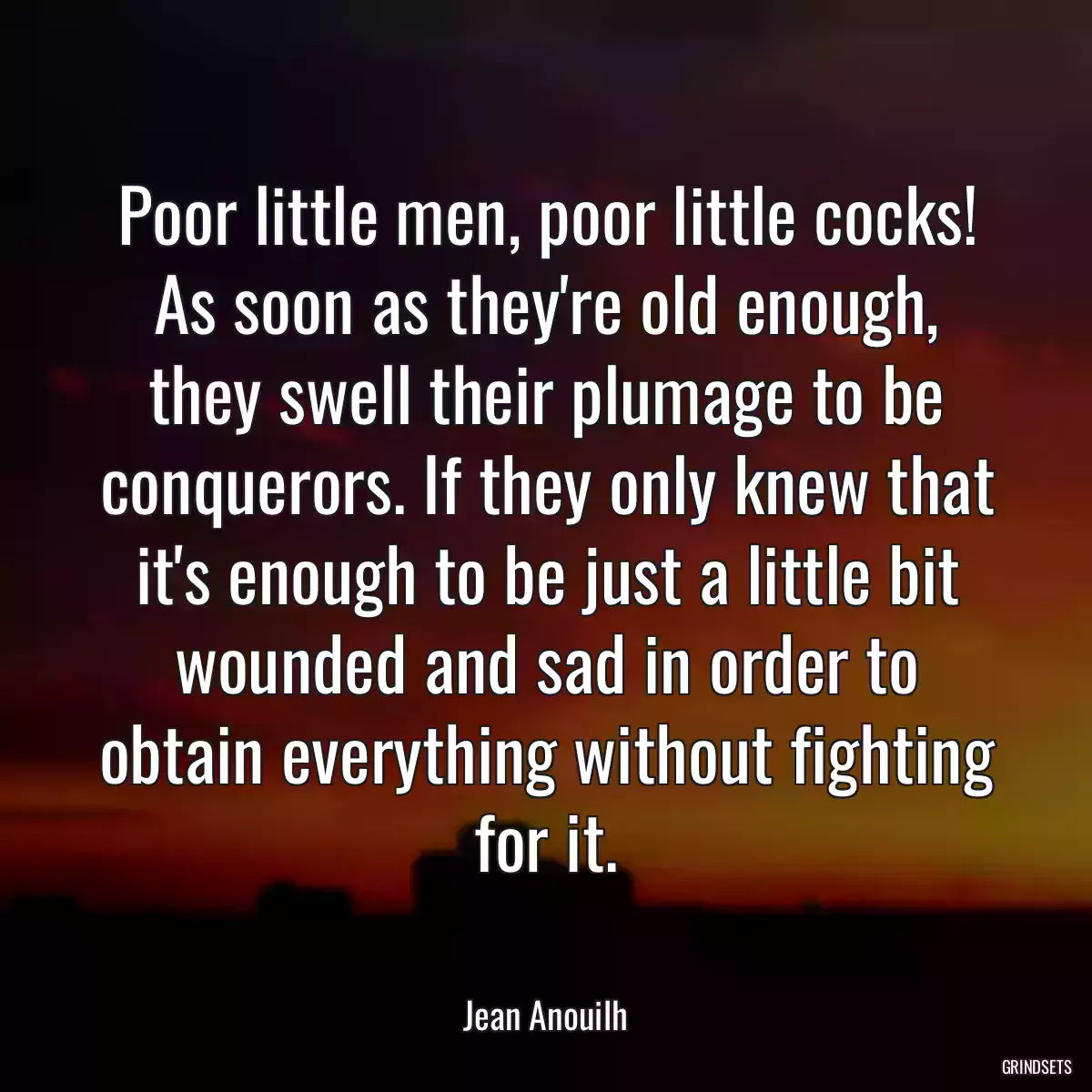 Poor little men, poor little cocks! As soon as they\'re old enough, they swell their plumage to be conquerors. If they only knew that it\'s enough to be just a little bit wounded and sad in order to obtain everything without fighting for it.