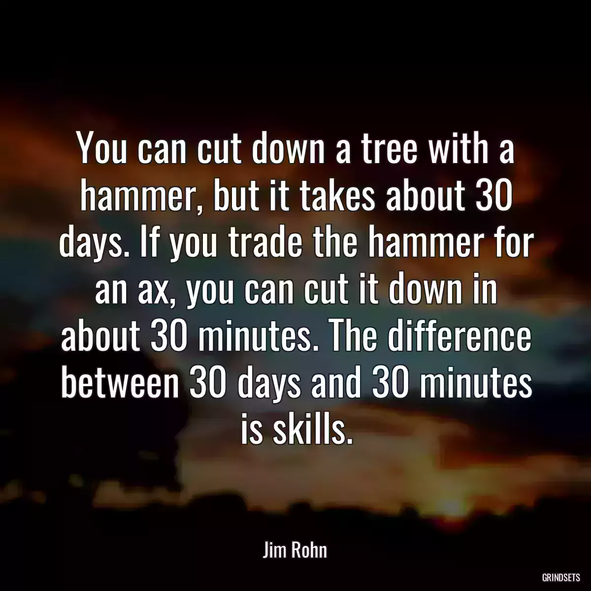 You can cut down a tree with a hammer, but it takes about 30 days. If you trade the hammer for an ax, you can cut it down in about 30 minutes. The difference between 30 days and 30 minutes is skills.