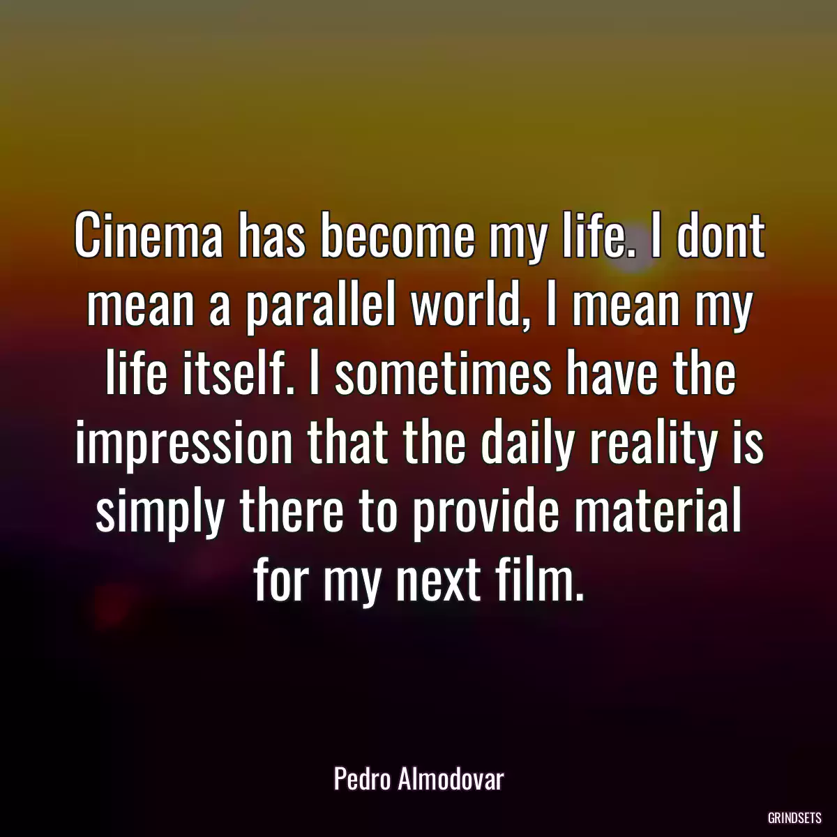 Cinema has become my life. I dont mean a parallel world, I mean my life itself. I sometimes have the impression that the daily reality is simply there to provide material for my next film.