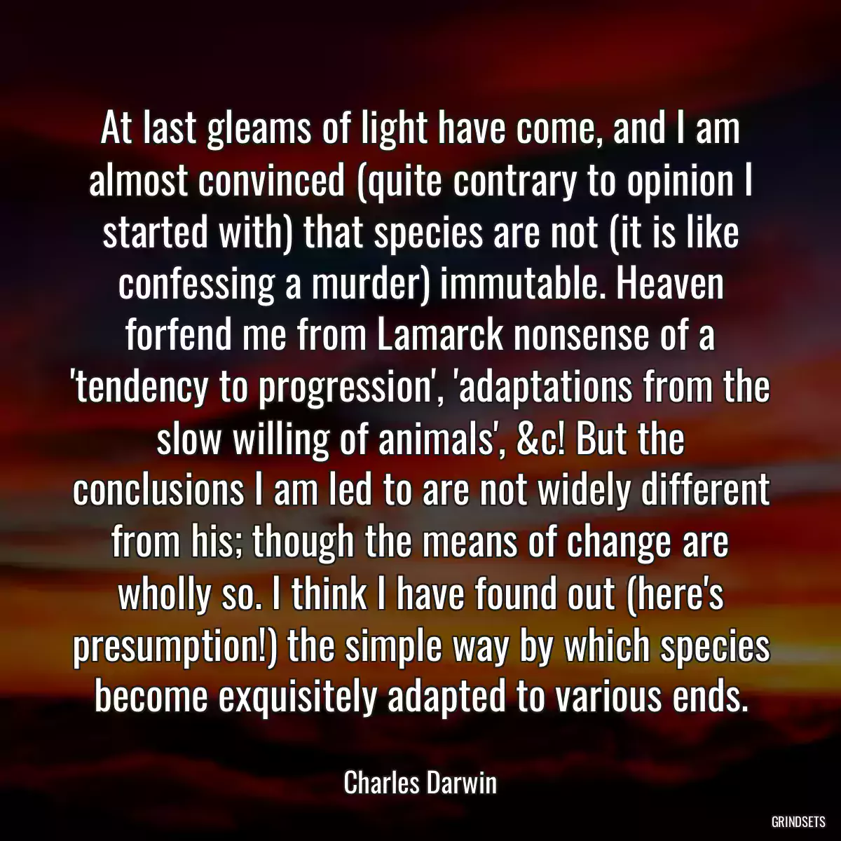 At last gleams of light have come, and I am almost convinced (quite contrary to opinion I started with) that species are not (it is like confessing a murder) immutable. Heaven forfend me from Lamarck nonsense of a \'tendency to progression\', \'adaptations from the slow willing of animals\', &c! But the conclusions I am led to are not widely different from his; though the means of change are wholly so. I think I have found out (here\'s presumption!) the simple way by which species become exquisitely adapted to various ends.