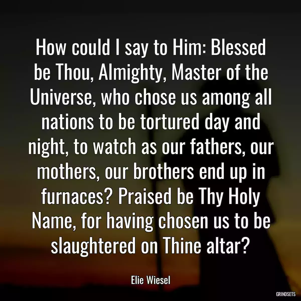 How could I say to Him: Blessed be Thou, Almighty, Master of the Universe, who chose us among all nations to be tortured day and night, to watch as our fathers, our mothers, our brothers end up in furnaces? Praised be Thy Holy Name, for having chosen us to be slaughtered on Thine altar?