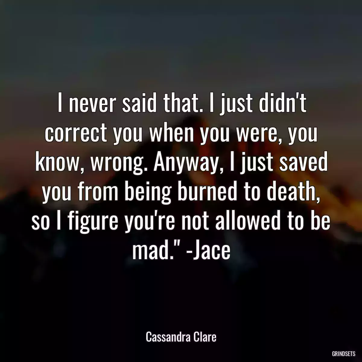 I never said that. I just didn\'t correct you when you were, you know, wrong. Anyway, I just saved you from being burned to death, so I figure you\'re not allowed to be mad.\