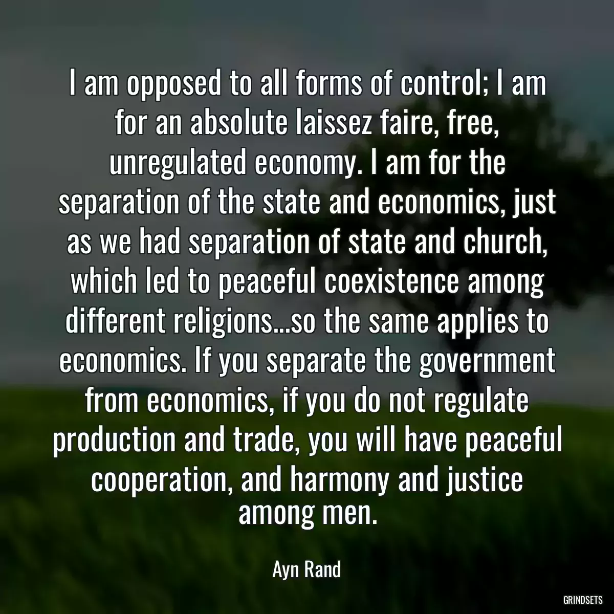 I am opposed to all forms of control; I am for an absolute laissez faire, free, unregulated economy. I am for the separation of the state and economics, just as we had separation of state and church, which led to peaceful coexistence among different religions...so the same applies to economics. If you separate the government from economics, if you do not regulate production and trade, you will have peaceful cooperation, and harmony and justice among men.