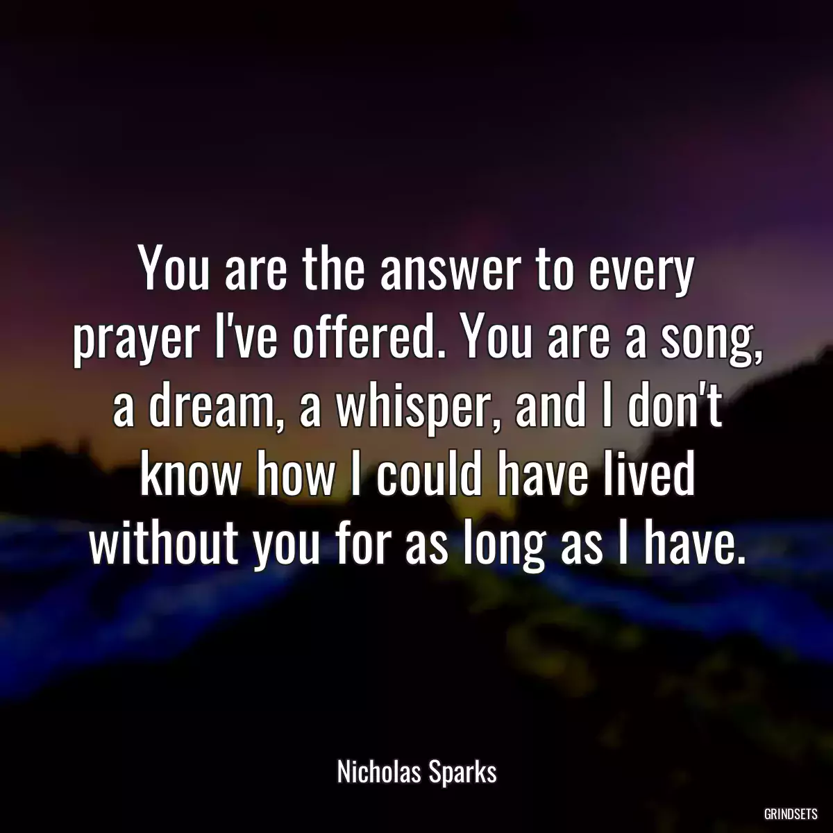 You are the answer to every prayer I\'ve offered. You are a song, a dream, a whisper, and I don\'t know how I could have lived without you for as long as I have.